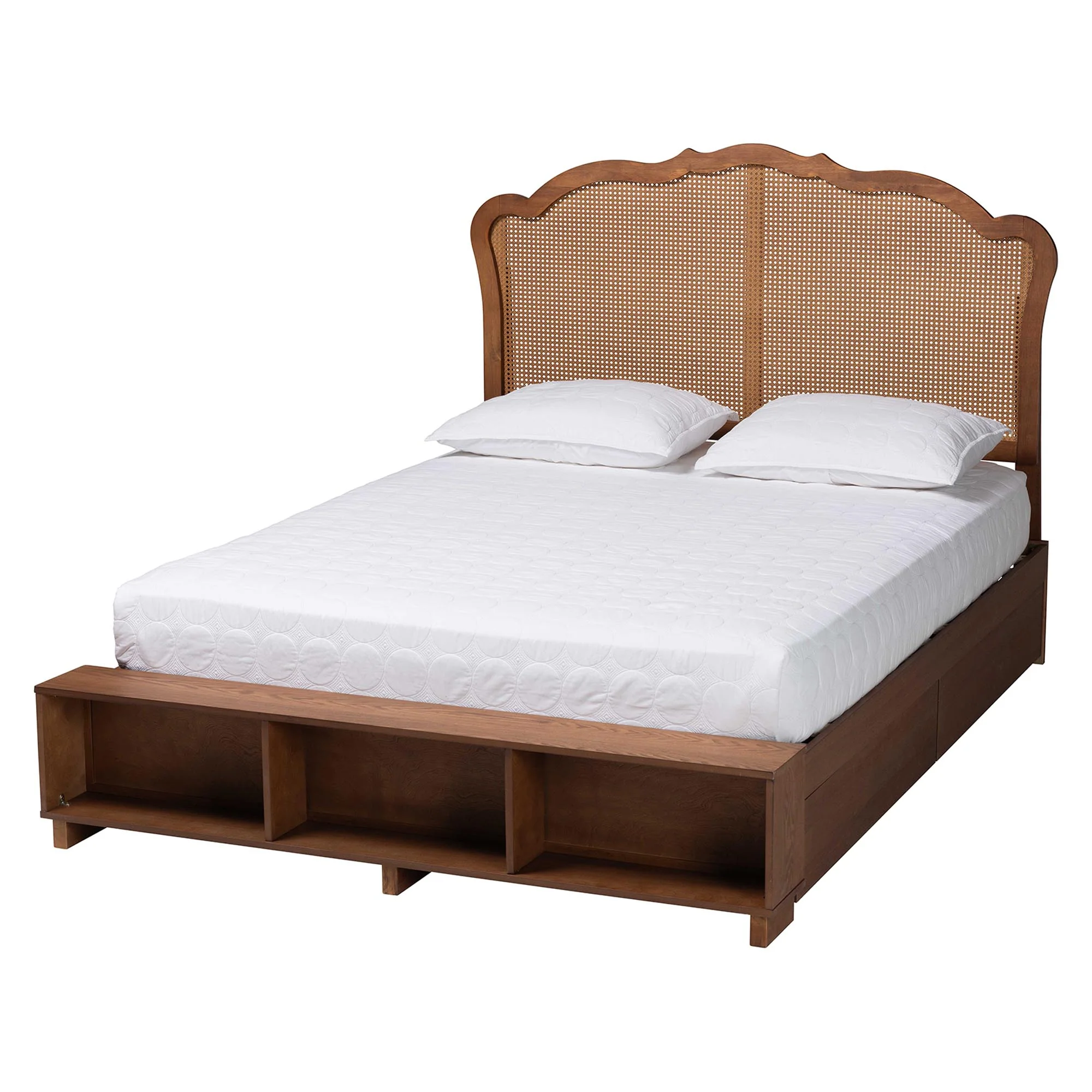 Baxton Studio Latrell Mid-Century Walnut Brown Wood and Rattan Queen Size Storage Bed - Image 5