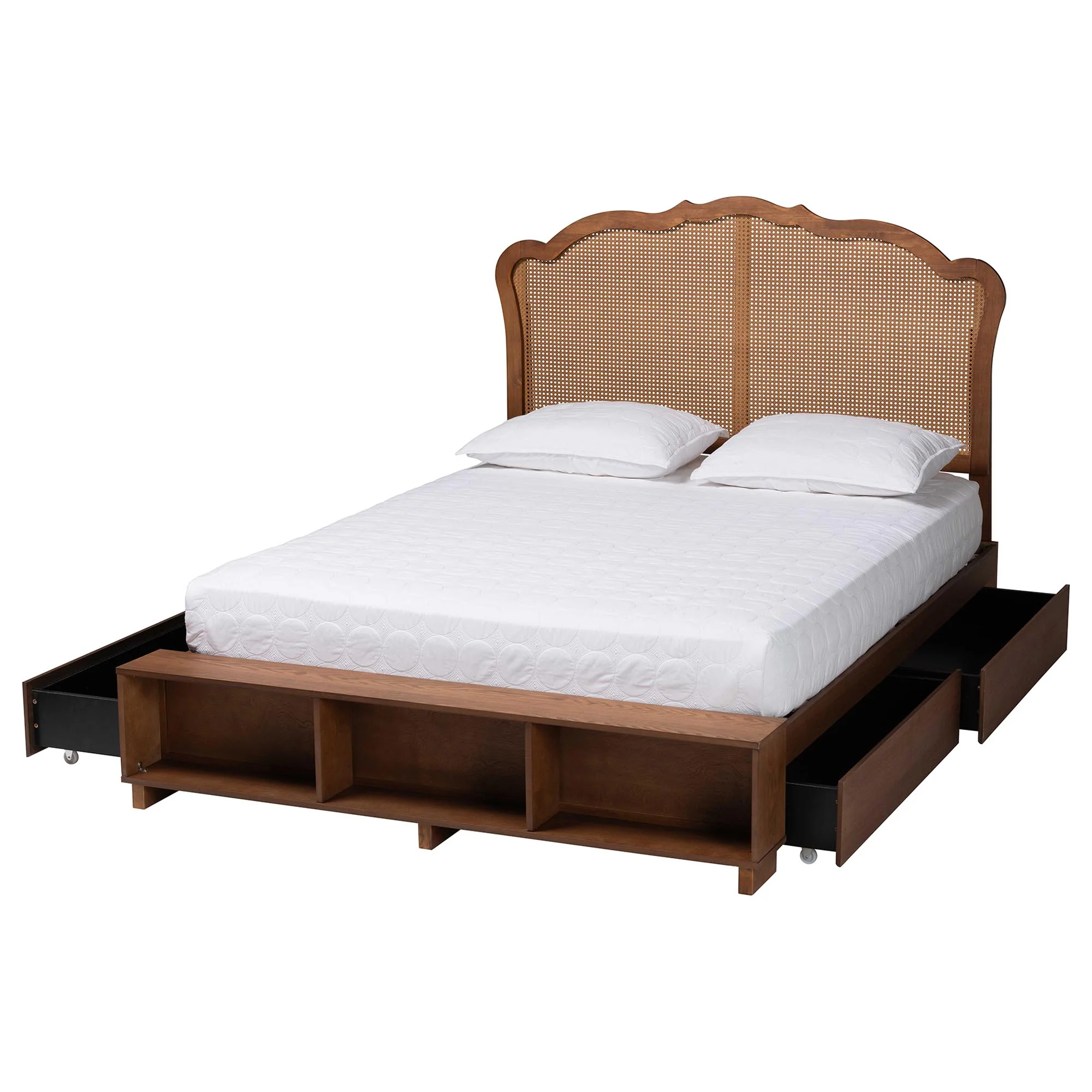 Baxton Studio Latrell Mid-Century Walnut Brown Wood and Rattan Queen Size Storage Bed - Image 6