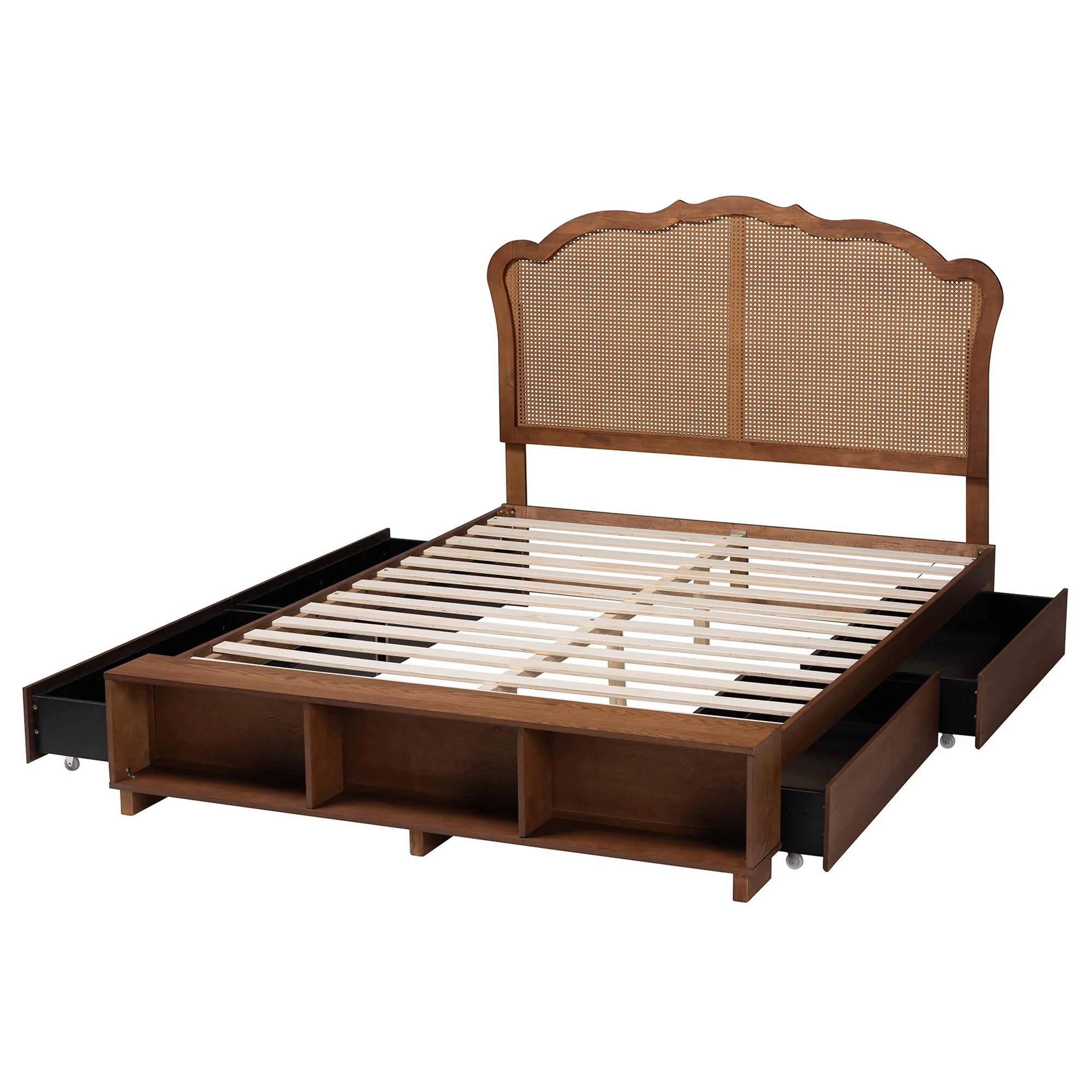 Baxton Studio Latrell Mid-Century Walnut Brown Wood and Rattan Queen Size Storage Bed - Image 9