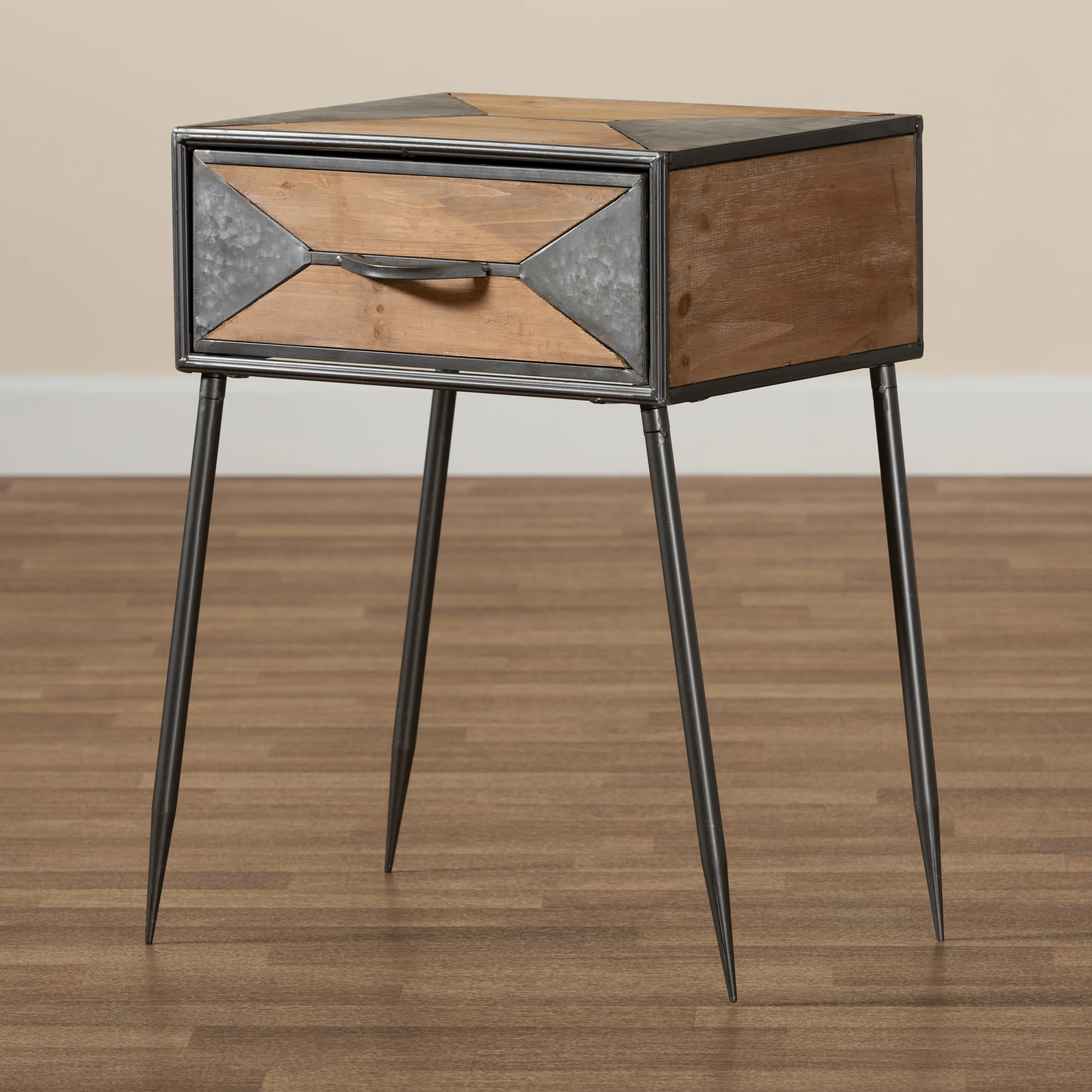 Baxton Studio Laurel Rustic Industrial Antique Grey Finished Metal and Whitewashed Oak Brown Finished Wood 1-Drawer End Table - Image 2