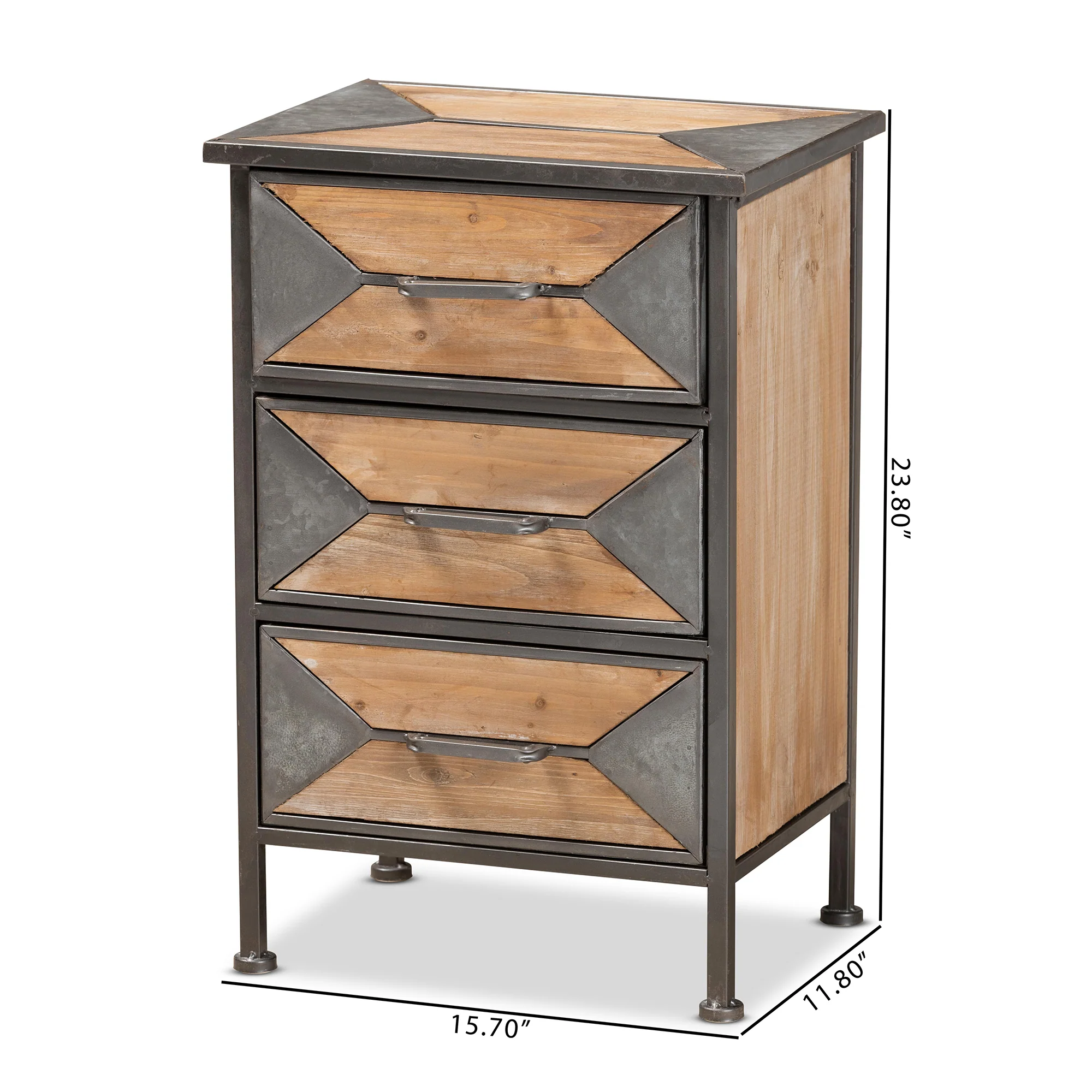 Baxton Studio Laurel Rustic Industrial Antique Grey Finished Metal and Whitewashed Oak Brown Finished Wood 3-Drawer End Table - Image 2