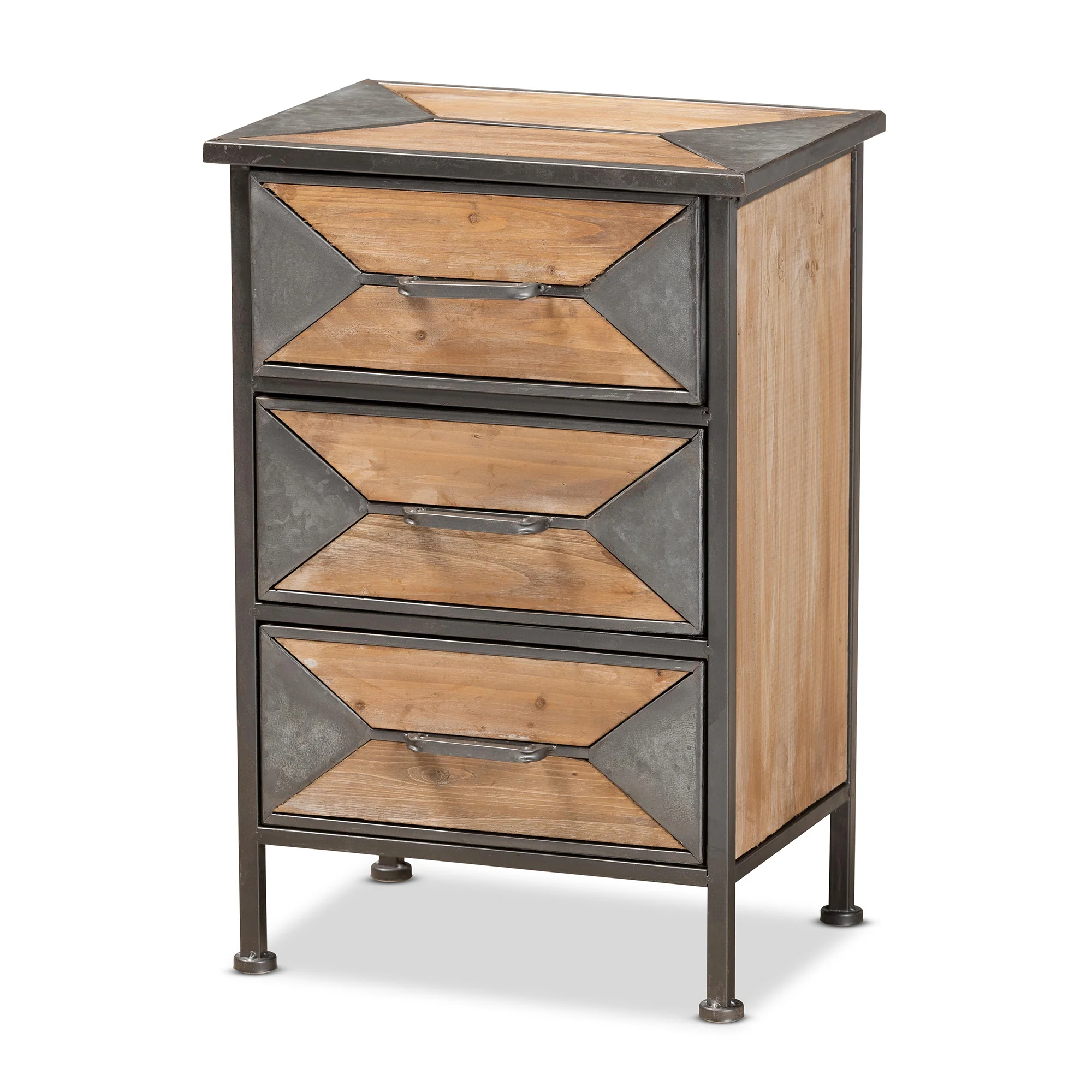 Baxton Studio Laurel Rustic Industrial Antique Grey Finished Metal and Whitewashed Oak Brown Finished Wood 3-Drawer End Table - Image 3