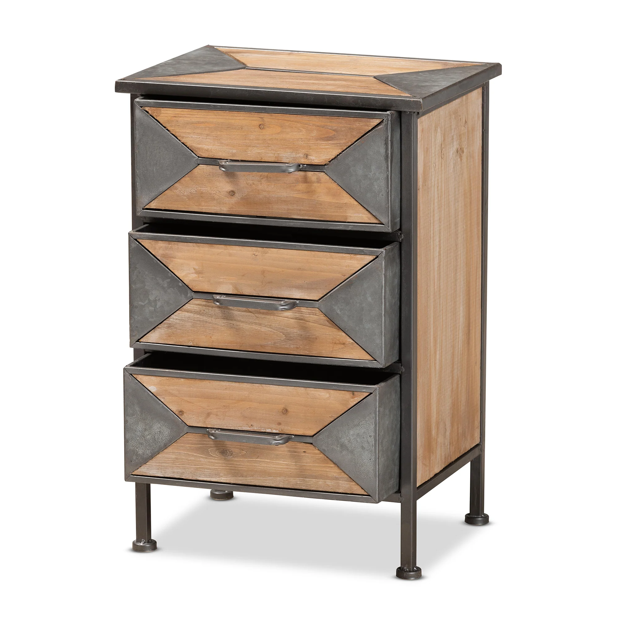 Baxton Studio Laurel Rustic Industrial Antique Grey Finished Metal and Whitewashed Oak Brown Finished Wood 3-Drawer End Table - Image 4
