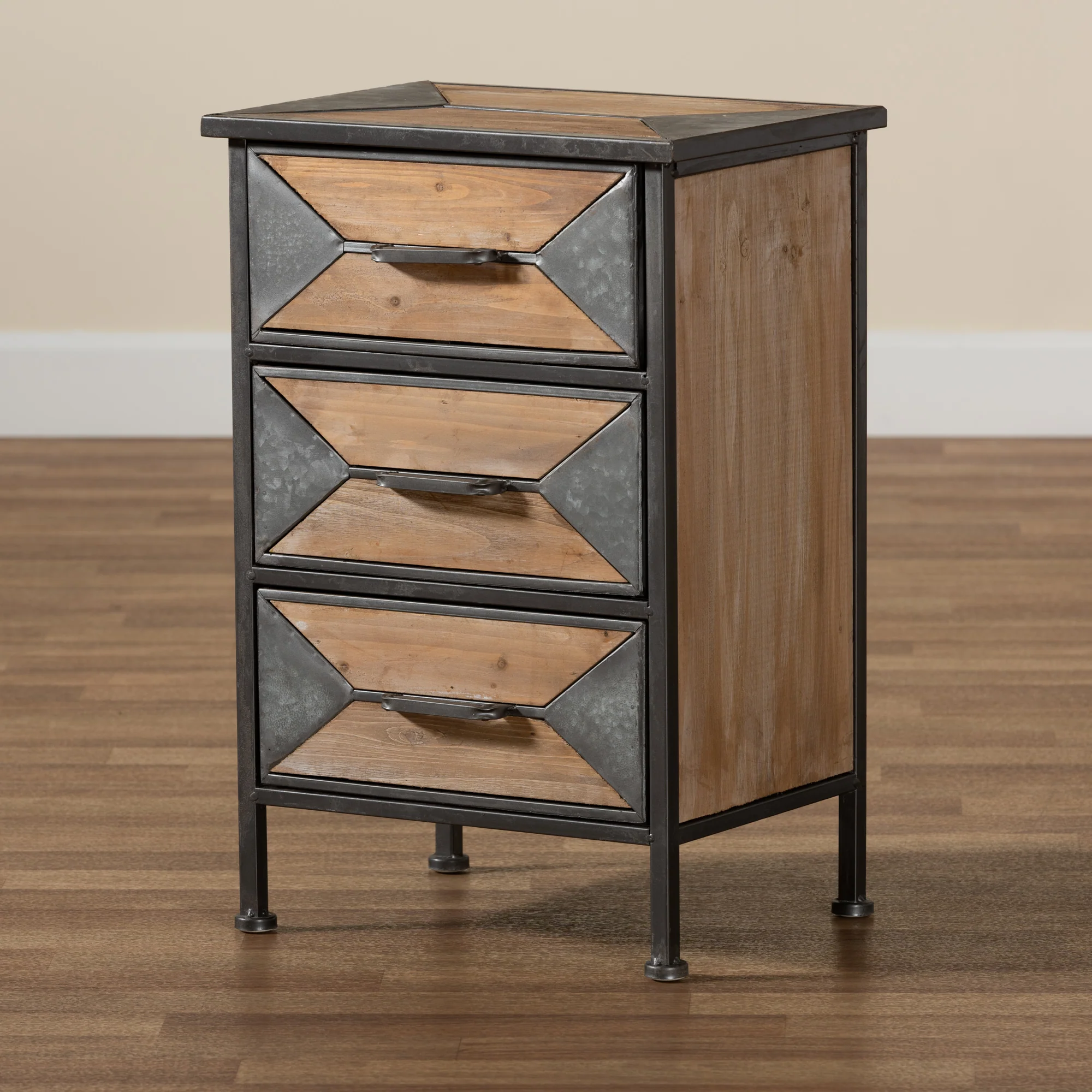 Baxton Studio Laurel Rustic Industrial Antique Grey Finished Metal and Whitewashed Oak Brown Finished Wood 3-Drawer End Table - Image 8