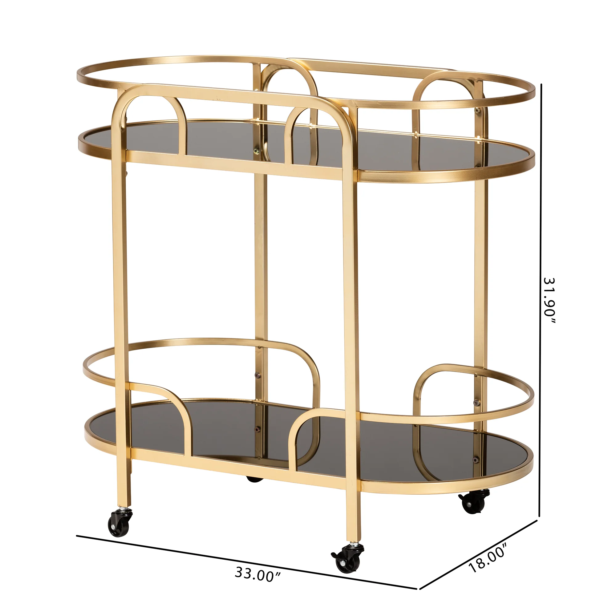 Baxton Studio Leighton Contemporary Glam and Luxe Gold Metal and Tempered Glass 2-Tier Wine Cart - Image 2