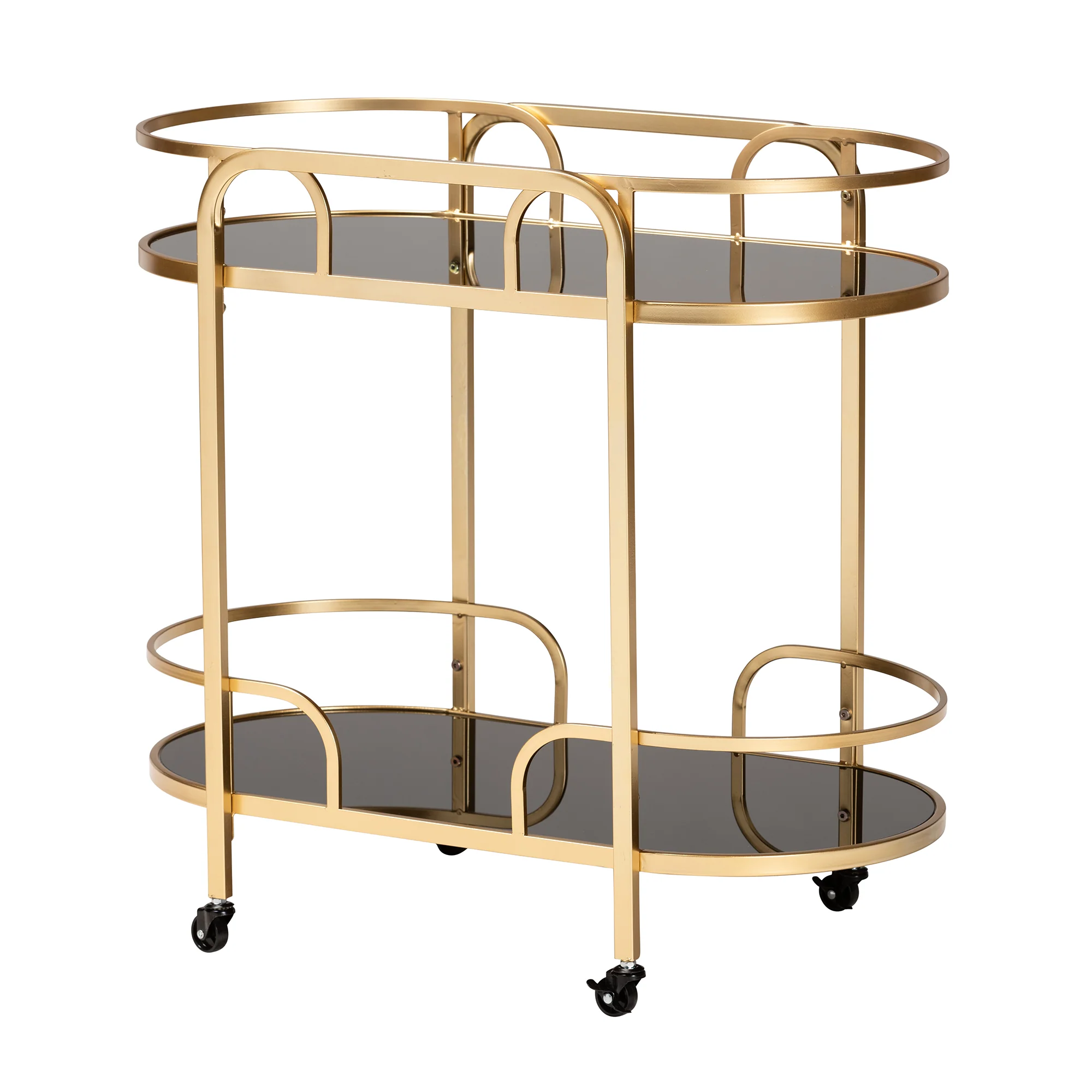 Baxton Studio Leighton Contemporary Glam and Luxe Gold Metal and Tempered Glass 2-Tier Wine Cart - Image 3