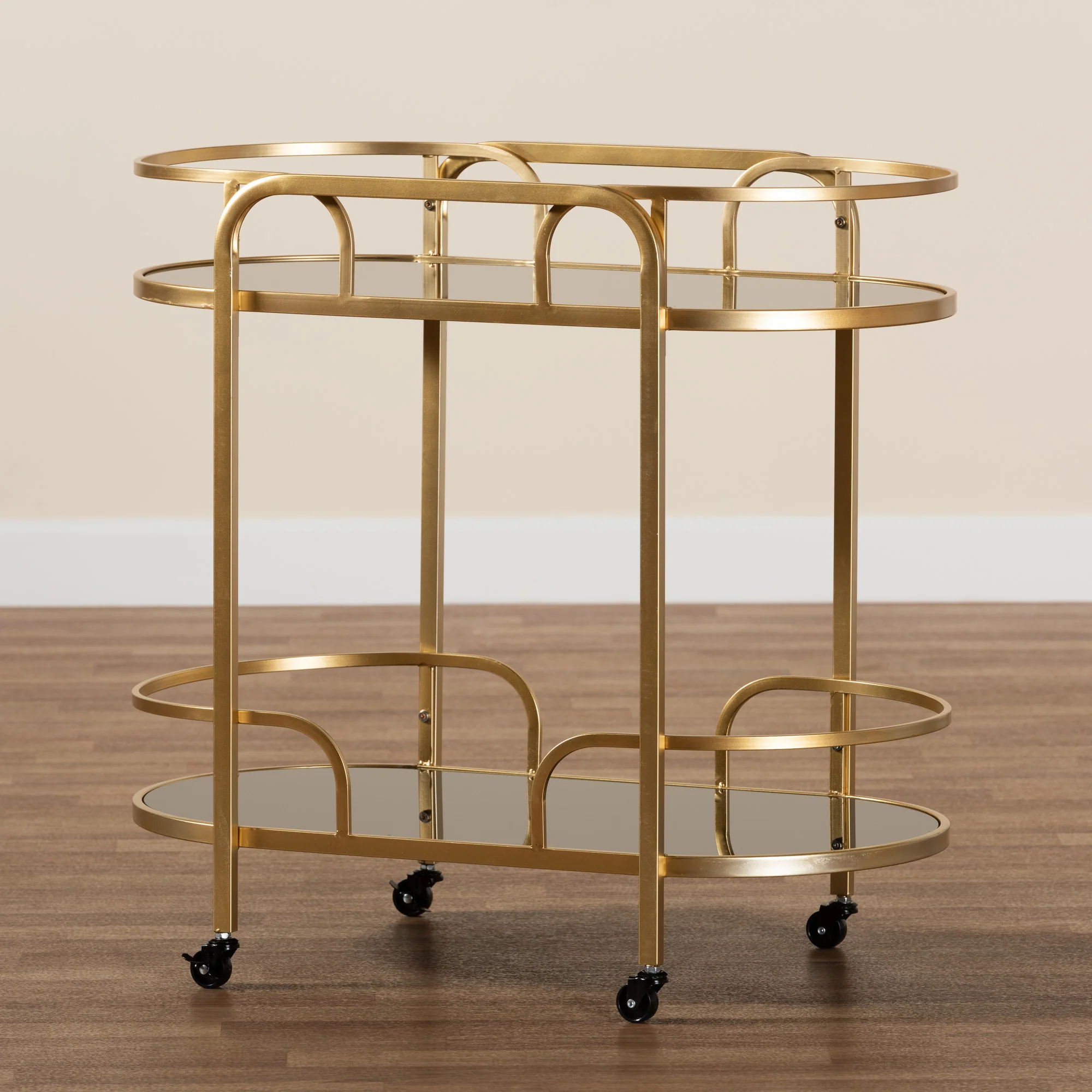 Baxton Studio Leighton Contemporary Glam and Luxe Gold Metal and Tempered Glass 2-Tier Wine Cart - Image 8