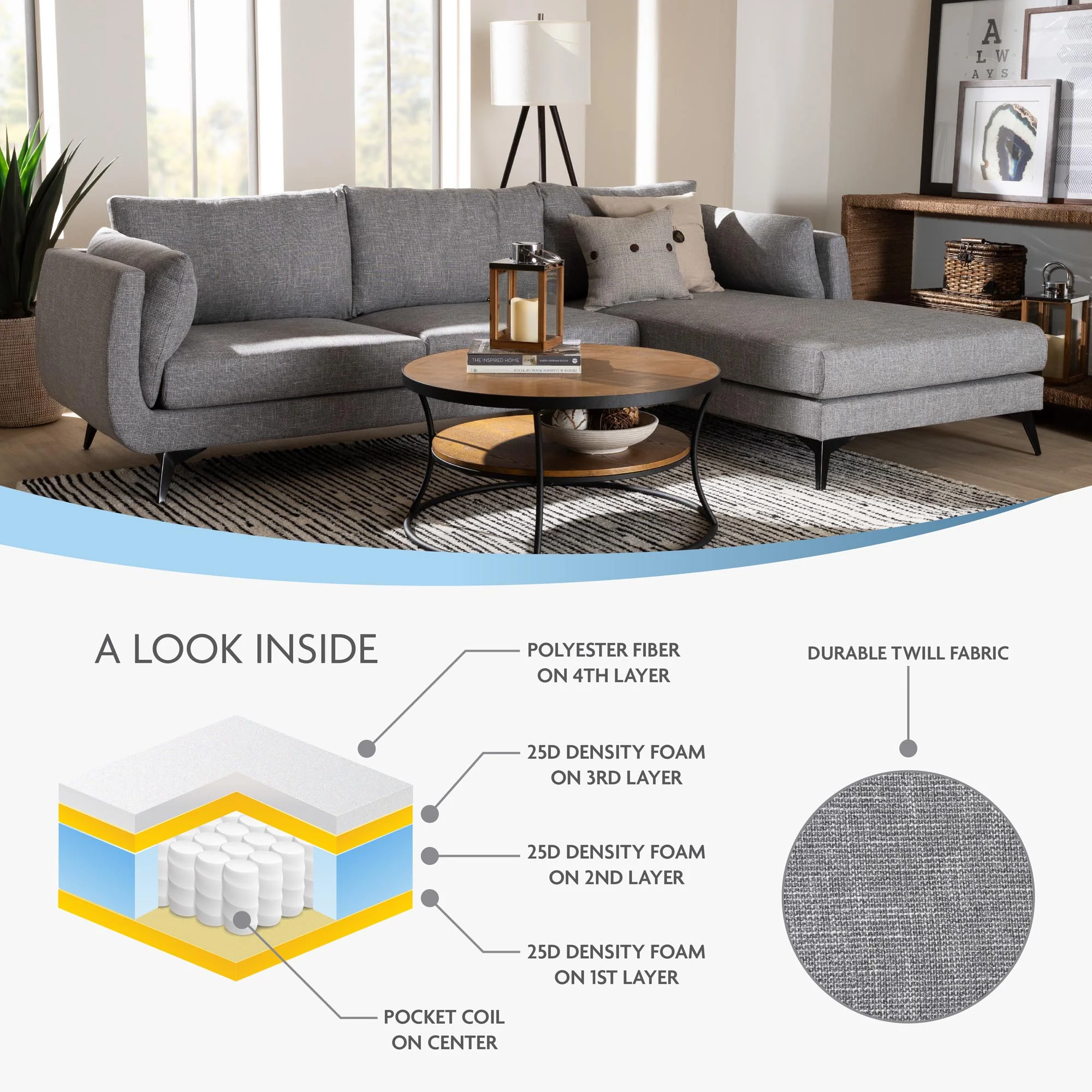 Baxton Studio Leni Modern Grey Twill Fabric Right Facing Sectional Sofa - Image 7