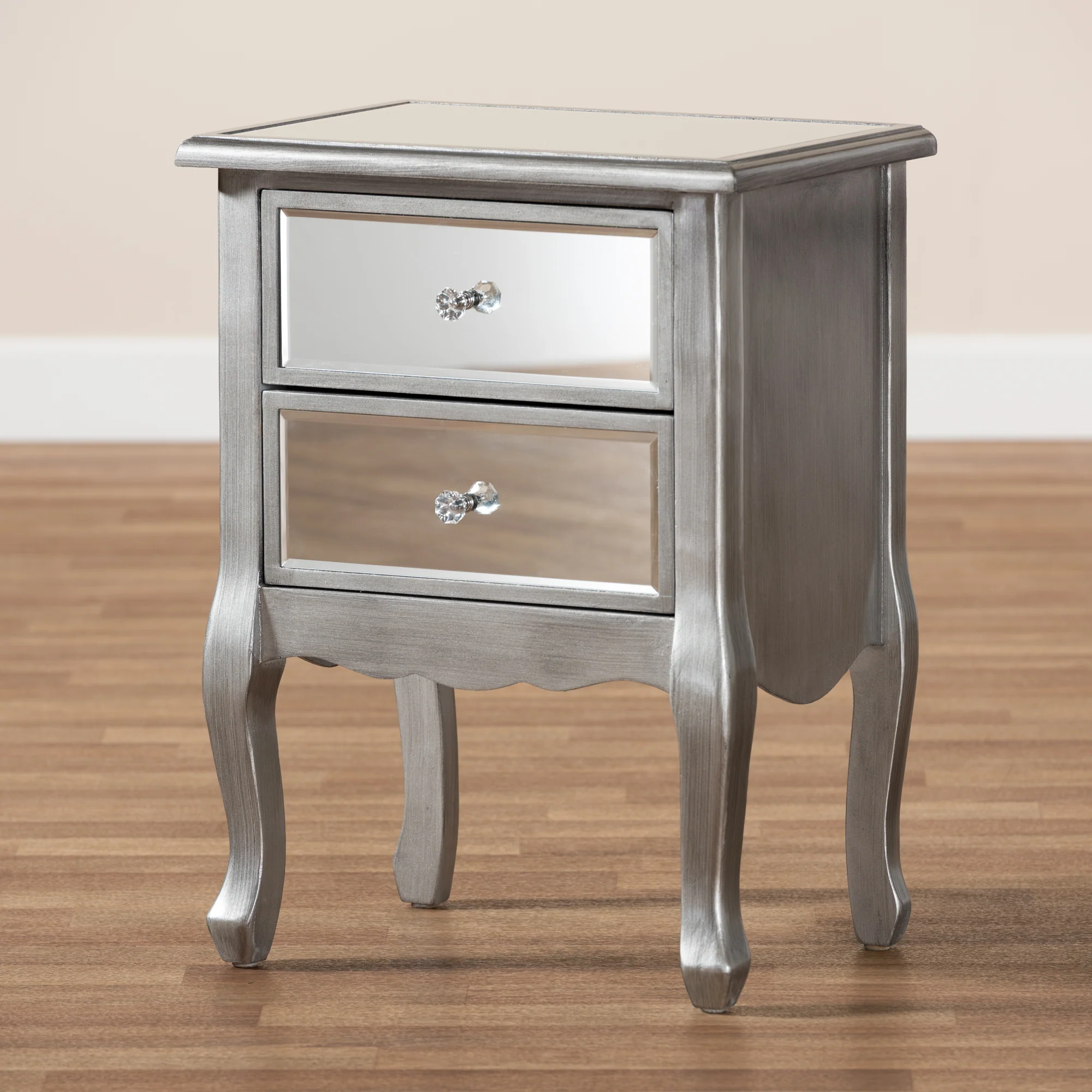 Baxton Studio Leonie Modern Transitional French Brushed Silver Finished Wood and Mirrored Glass 2-Drawer End Table - Image 2