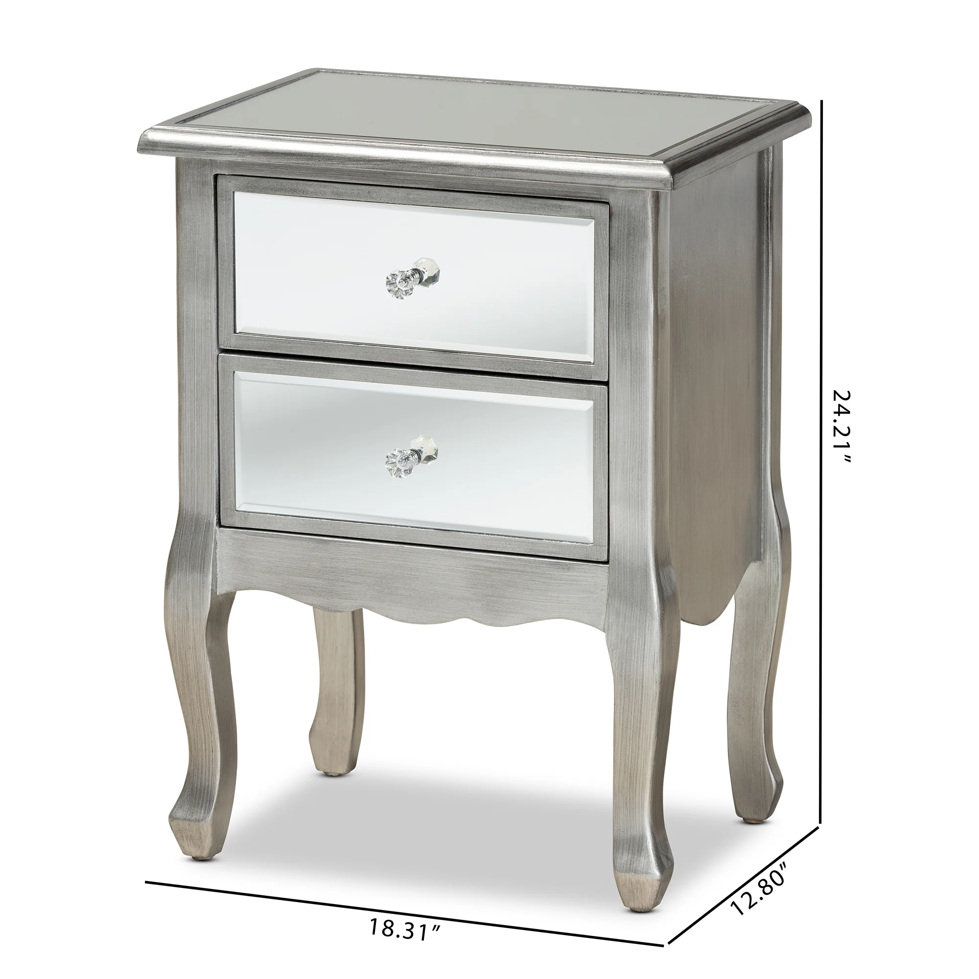 Baxton Studio Leonie Modern Transitional French Brushed Silver Finished Wood and Mirrored Glass 2-Drawer End Table - Image 3