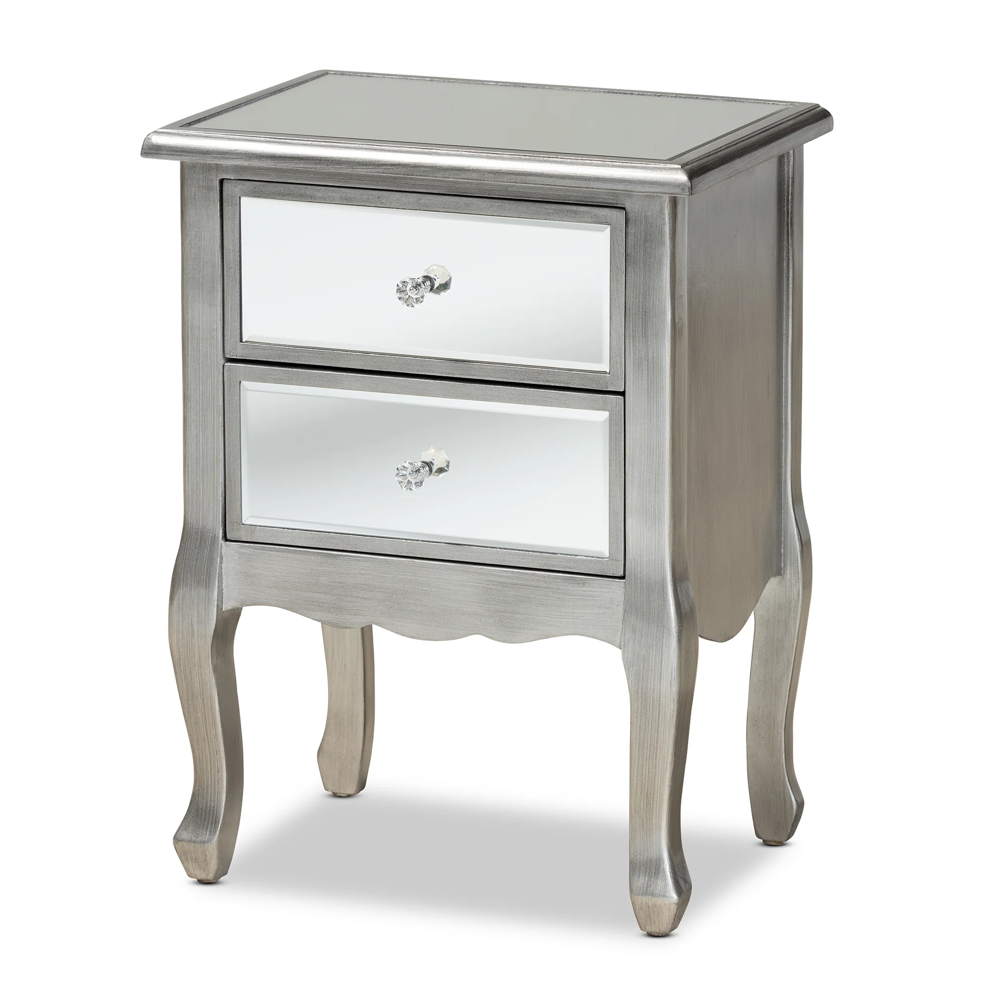 Baxton Studio Leonie Modern Transitional French Brushed Silver Finished Wood and Mirrored Glass 2-Drawer End Table - Image 4