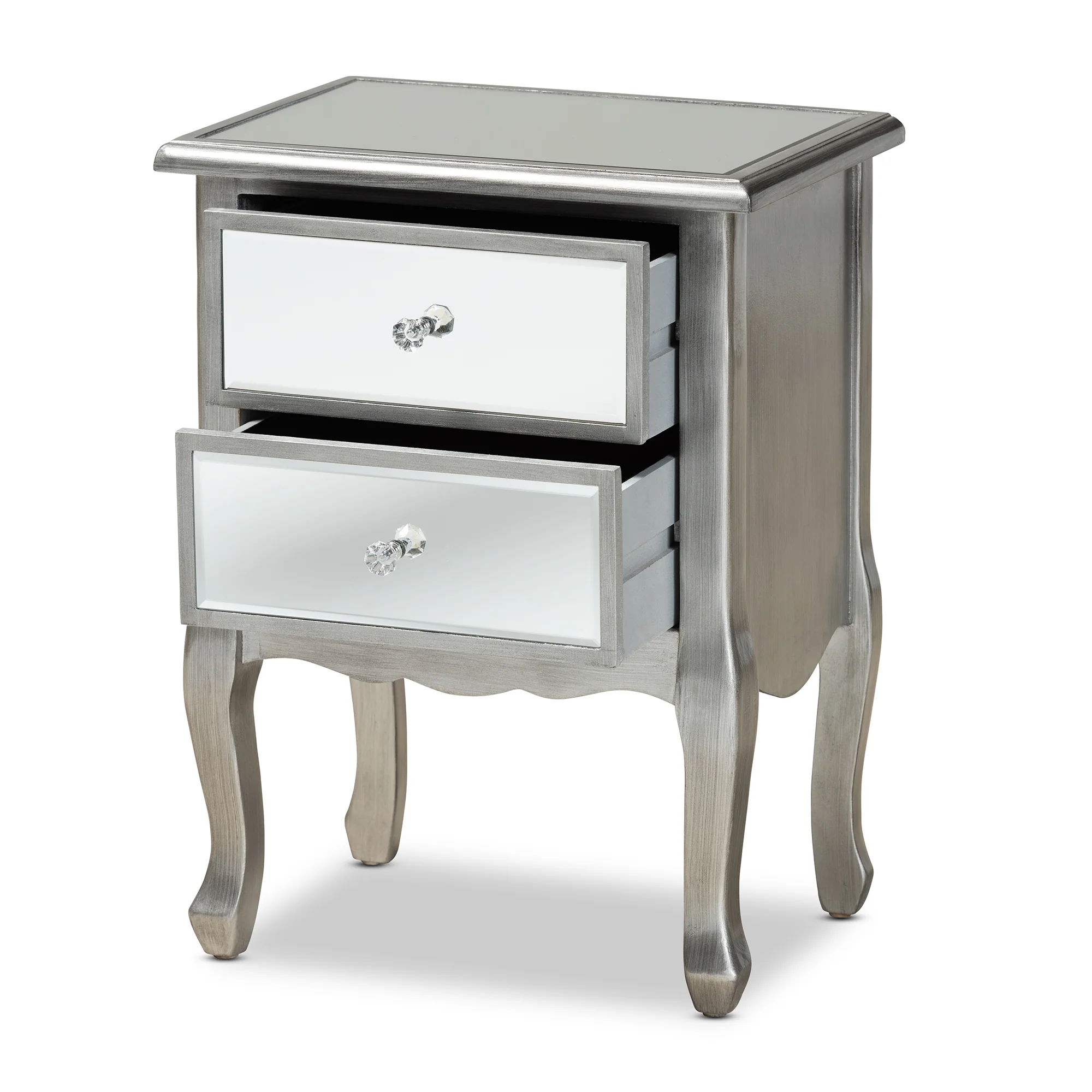 Baxton Studio Leonie Modern Transitional French Brushed Silver Finished Wood and Mirrored Glass 2-Drawer End Table - Image 5