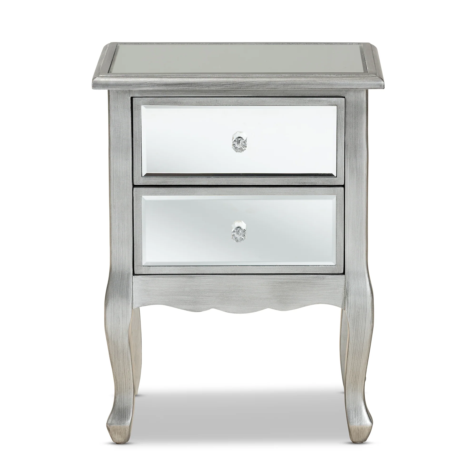 Baxton Studio Leonie Modern Transitional French Brushed Silver Finished Wood and Mirrored Glass 2-Drawer End Table - Image 6