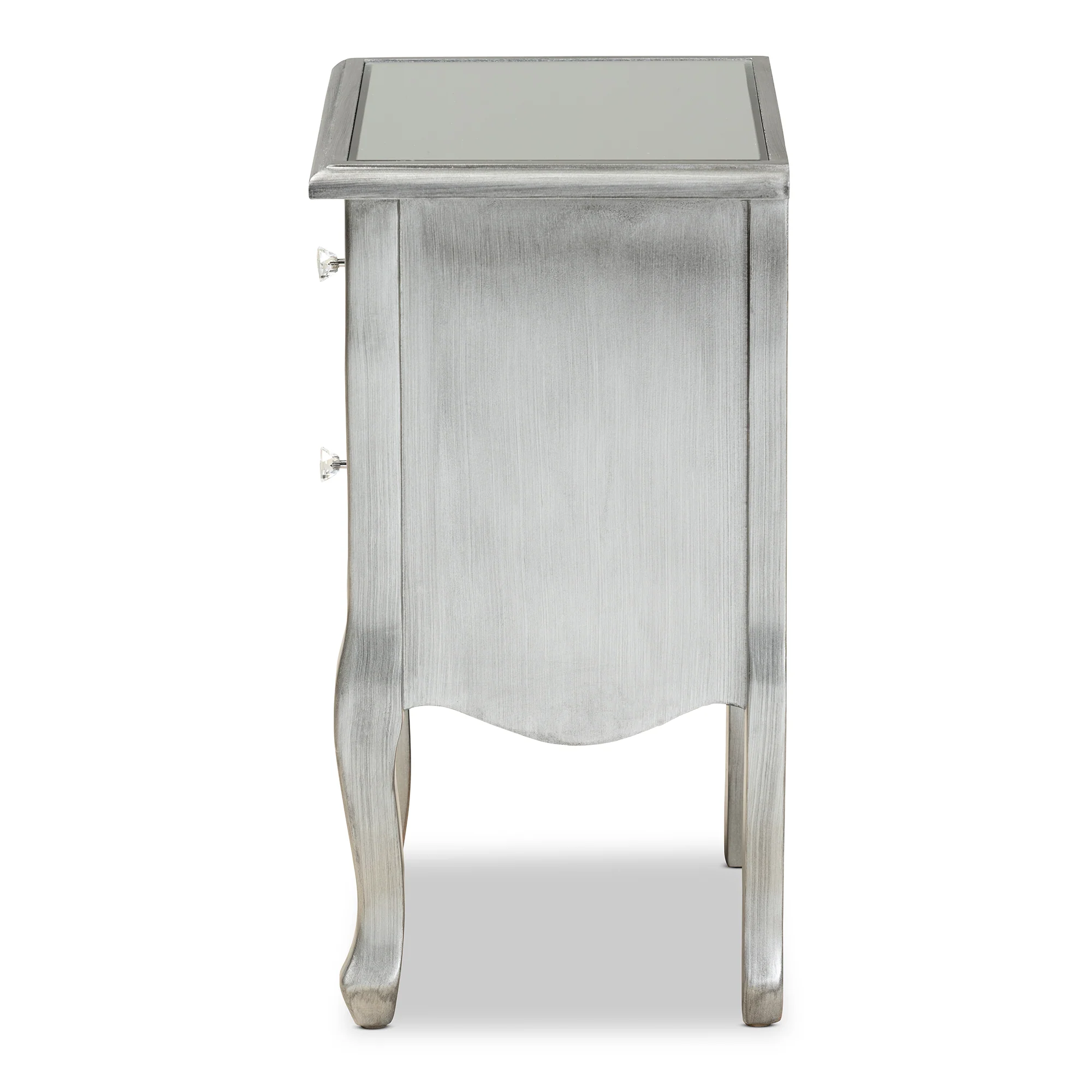 Baxton Studio Leonie Modern Transitional French Brushed Silver Finished Wood and Mirrored Glass 2-Drawer End Table - Image 7