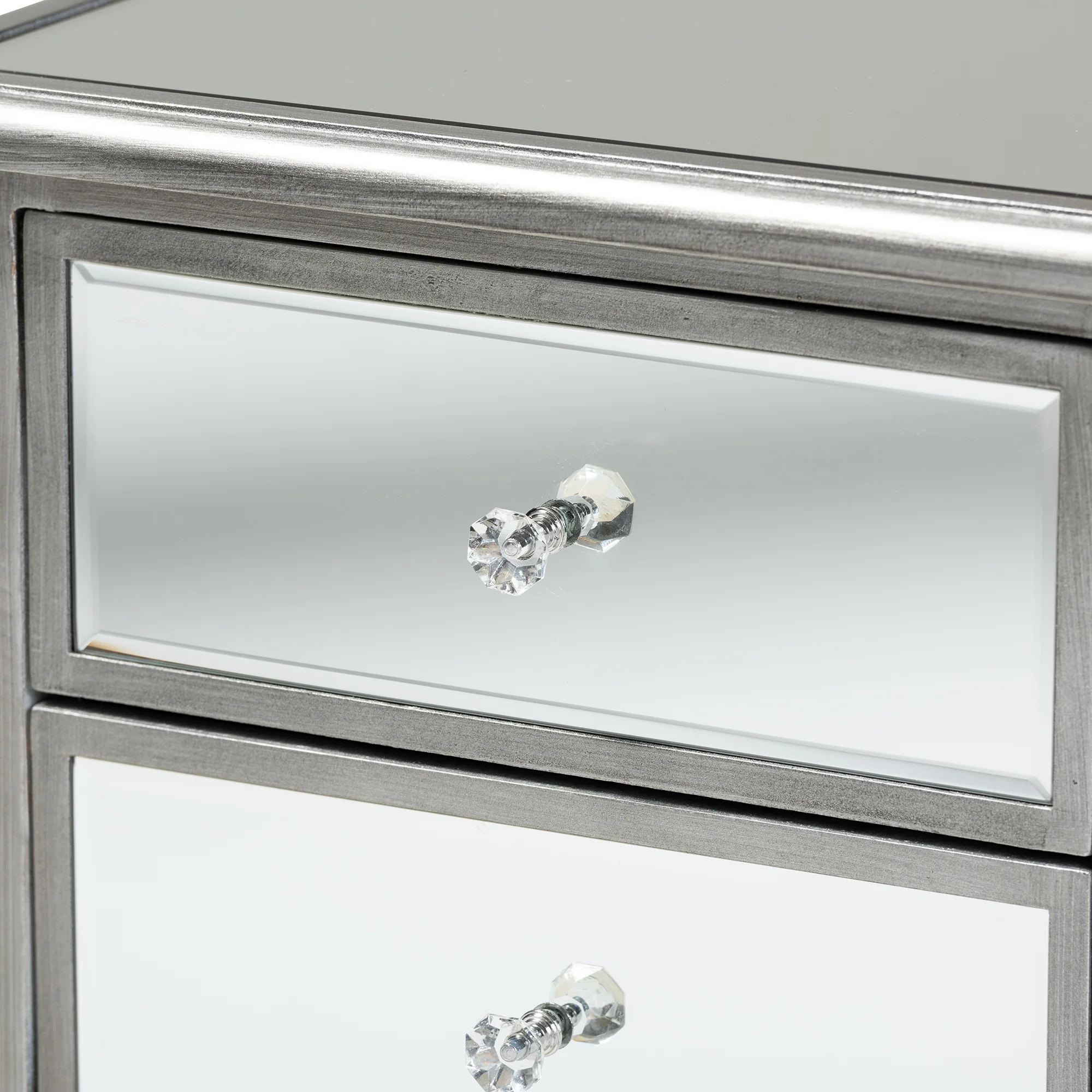 Baxton Studio Leonie Modern Transitional French Brushed Silver Finished Wood and Mirrored Glass 2-Drawer End Table - Image 8