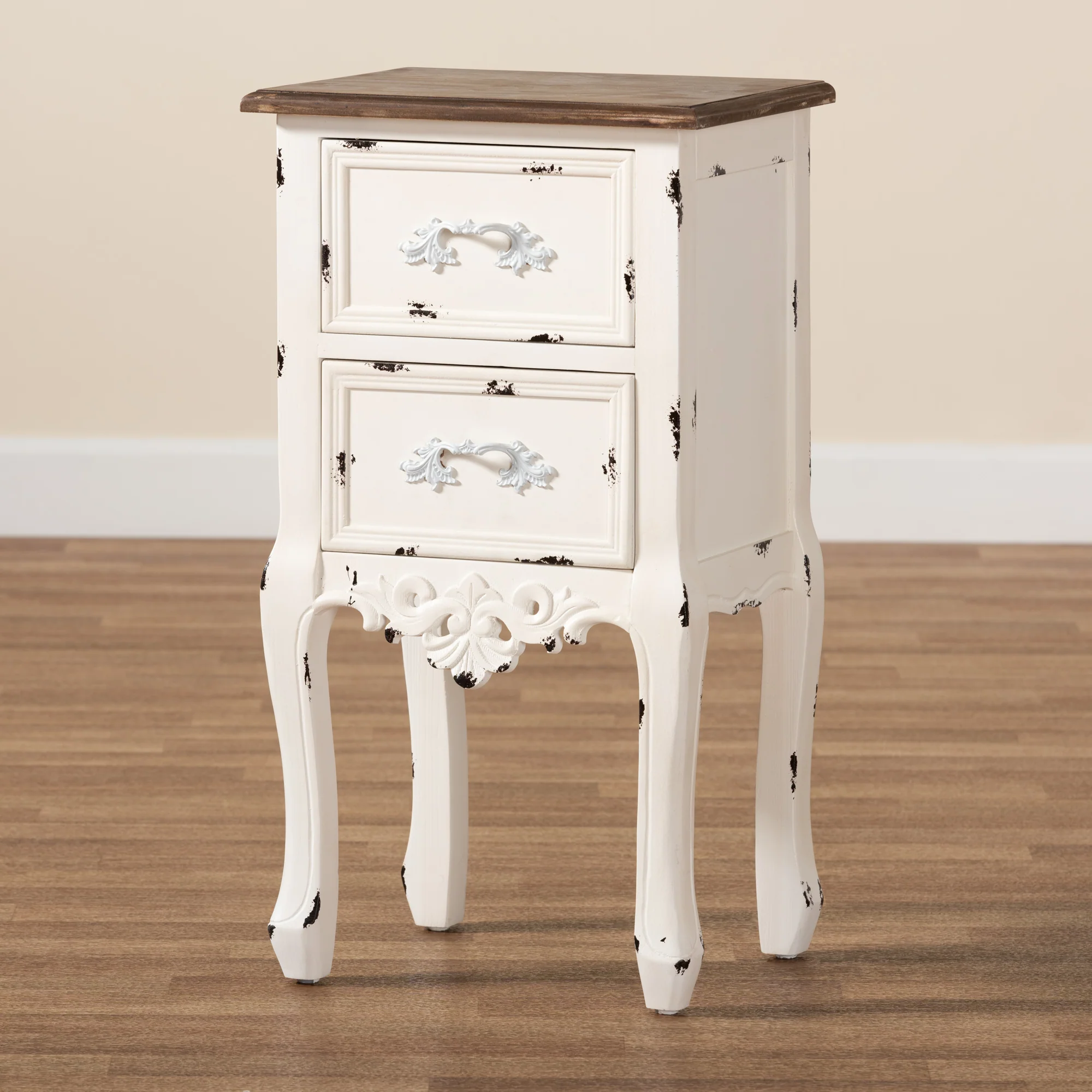 Baxton Studio Levron Classic and Traditional Two-Tone Walnut Brown and Antique White Finished Wood 2-Drawer End Table - Image 2