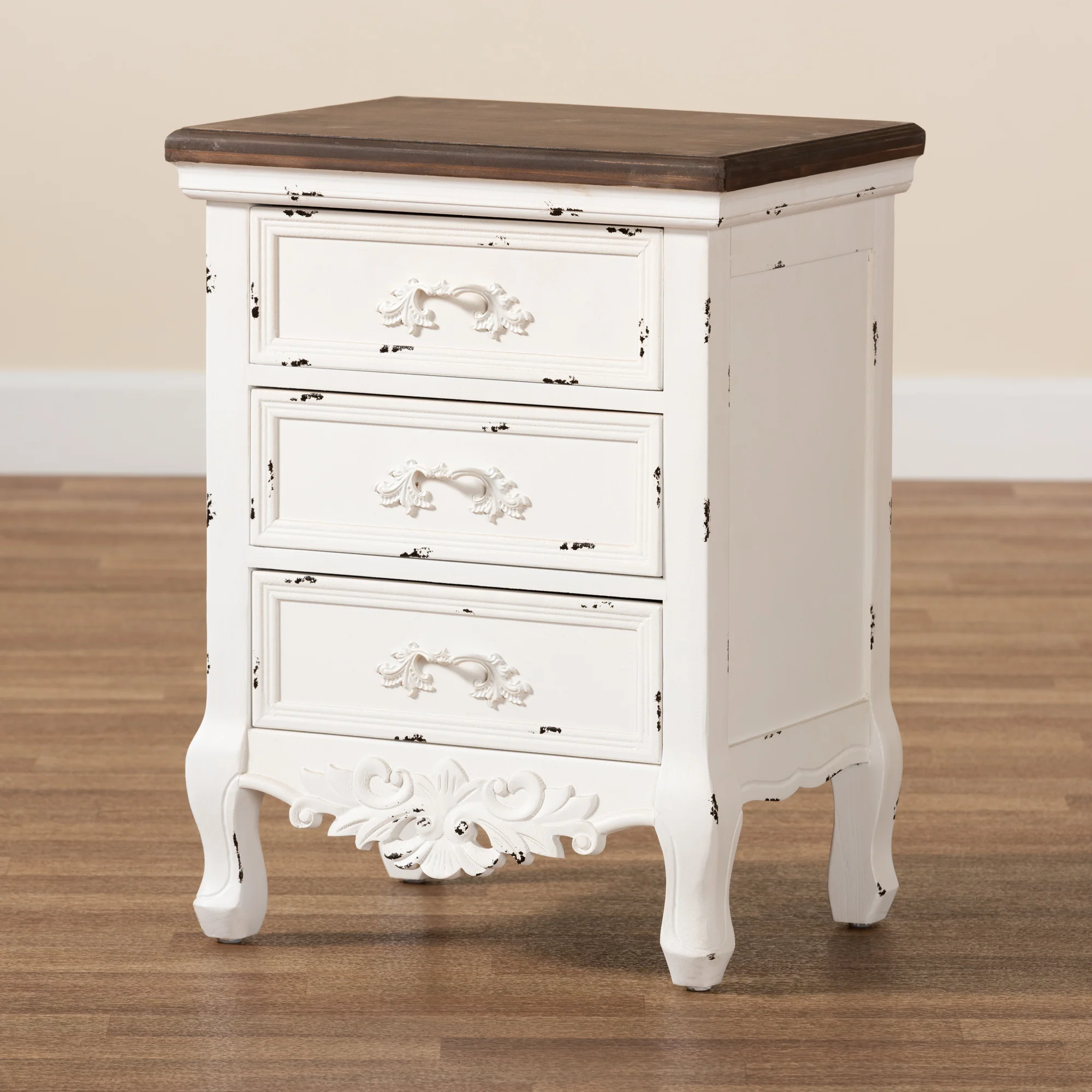 Baxton Studio Levron Classic and Traditional Walnut Brown and Antique White Finished Wood 3-Drawer End Table - Image 2