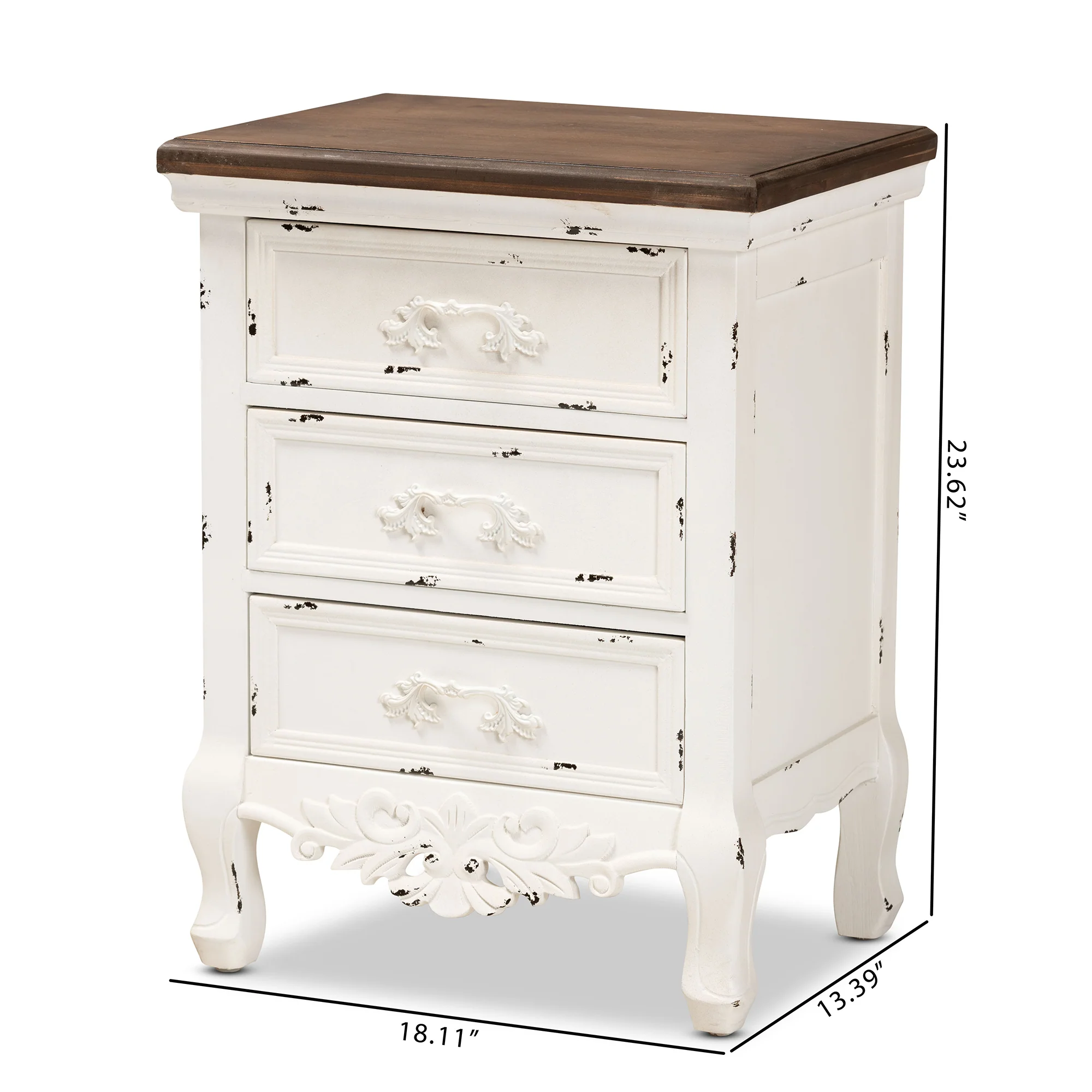 Baxton Studio Levron Classic and Traditional Walnut Brown and Antique White Finished Wood 3-Drawer End Table - Image 3