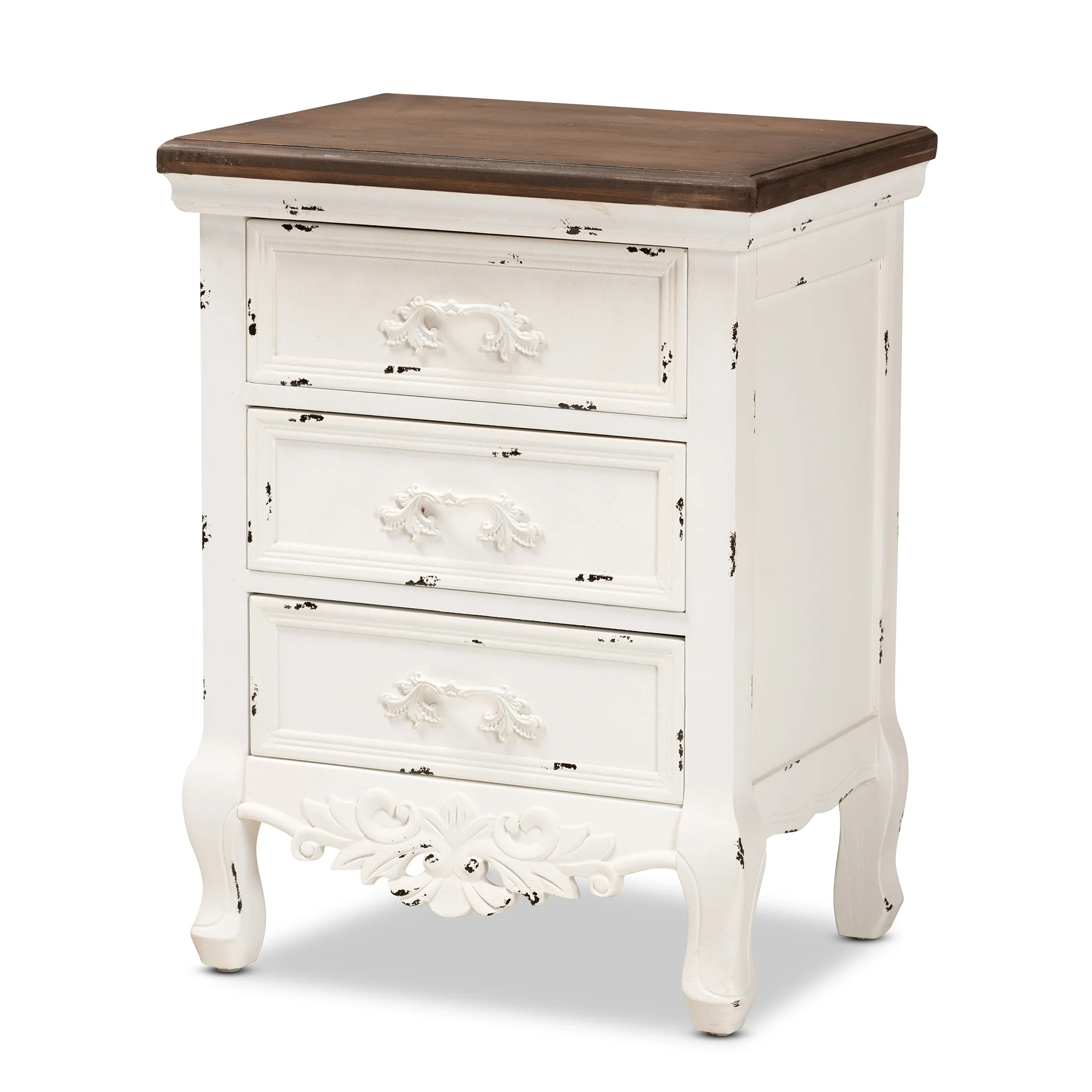 Baxton Studio Levron Classic and Traditional Walnut Brown and Antique White Finished Wood 3-Drawer End Table - Image 4
