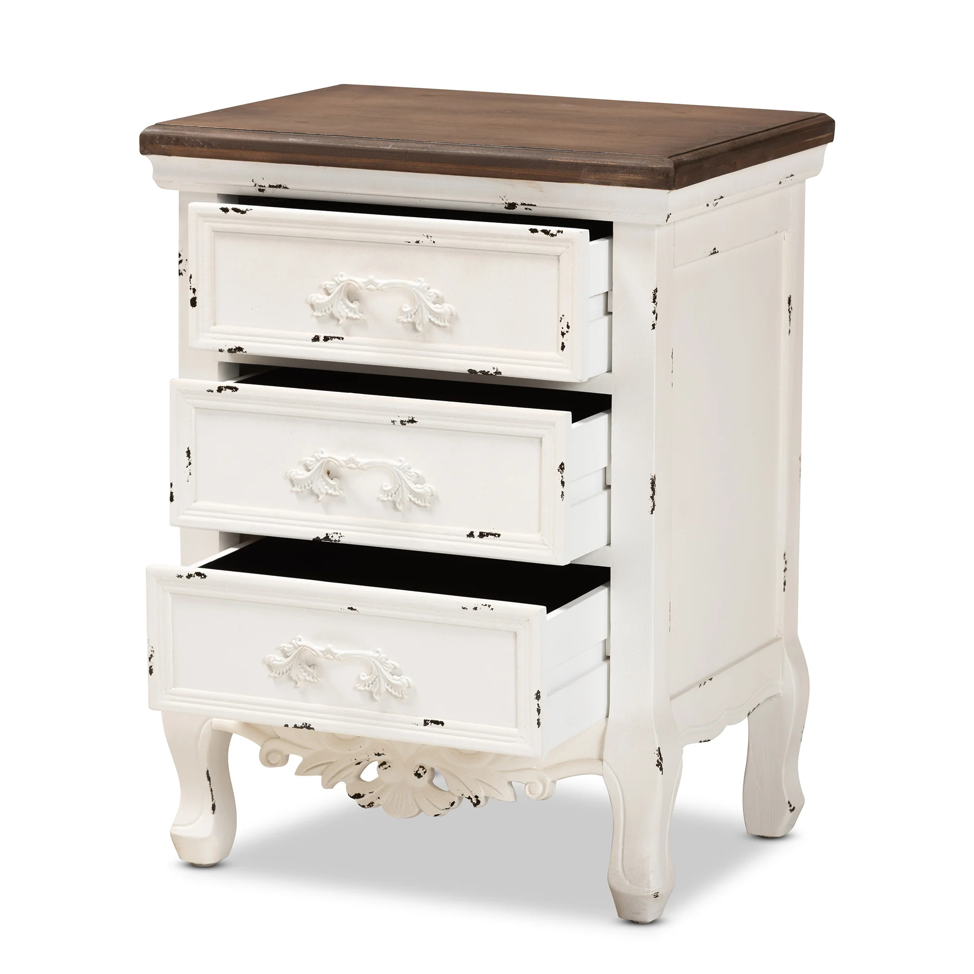 Baxton Studio Levron Classic and Traditional Walnut Brown and Antique White Finished Wood 3-Drawer End Table - Image 5