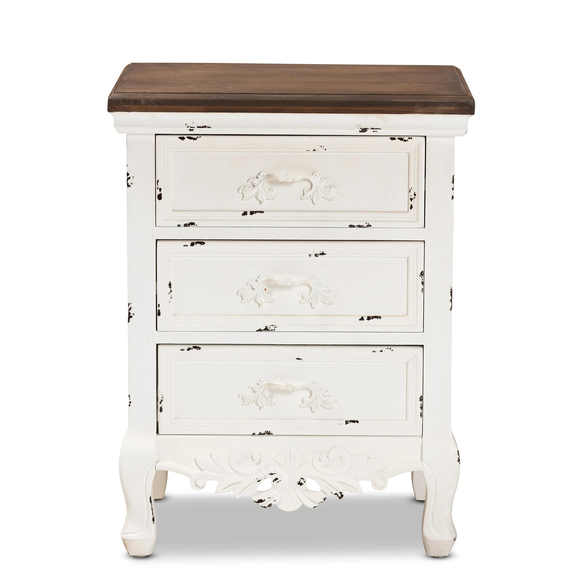 Baxton Studio Levron Classic and Traditional Walnut Brown and Antique White Finished Wood 3-Drawer End Table - Image 6