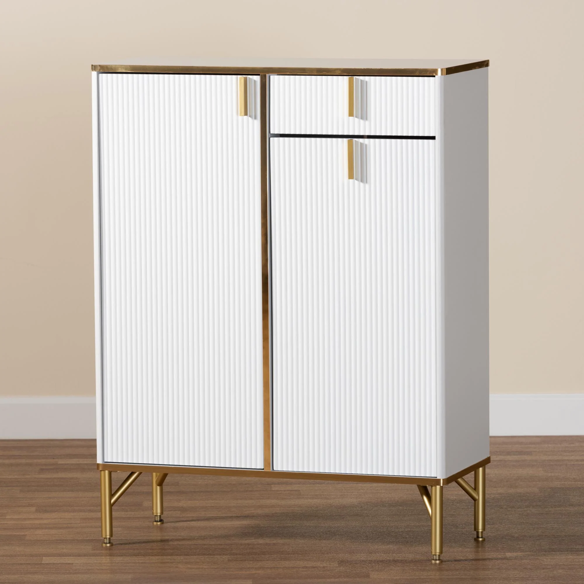 Baxton Studio Lilac Modern Glam White Wood and Gold Metal 2-Door Shoe Cabinet - Image 10