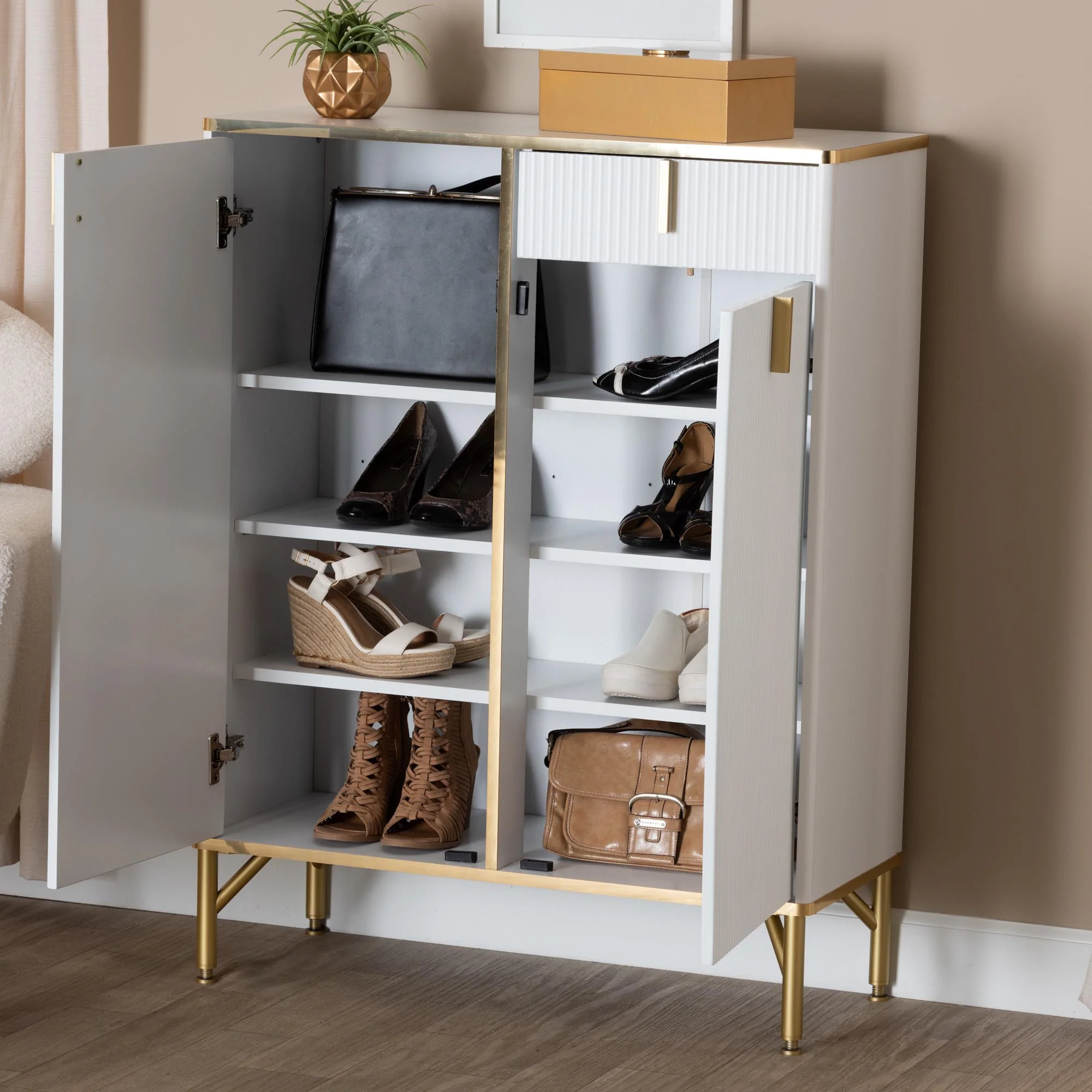 Baxton Studio Lilac Modern Glam White Wood and Gold Metal 2-Door Shoe Cabinet - Image 9