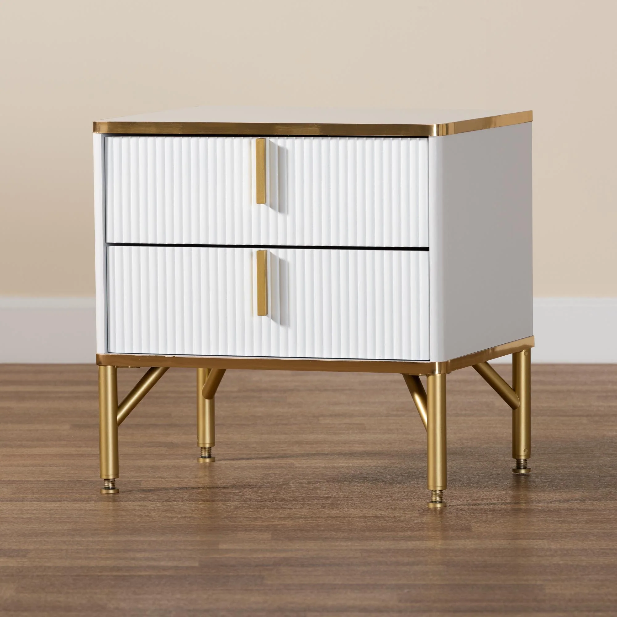 Baxton Studio Lilac Modern Glam White Wood and Gold Metal 2-Drawer Nightstand - Image 9
