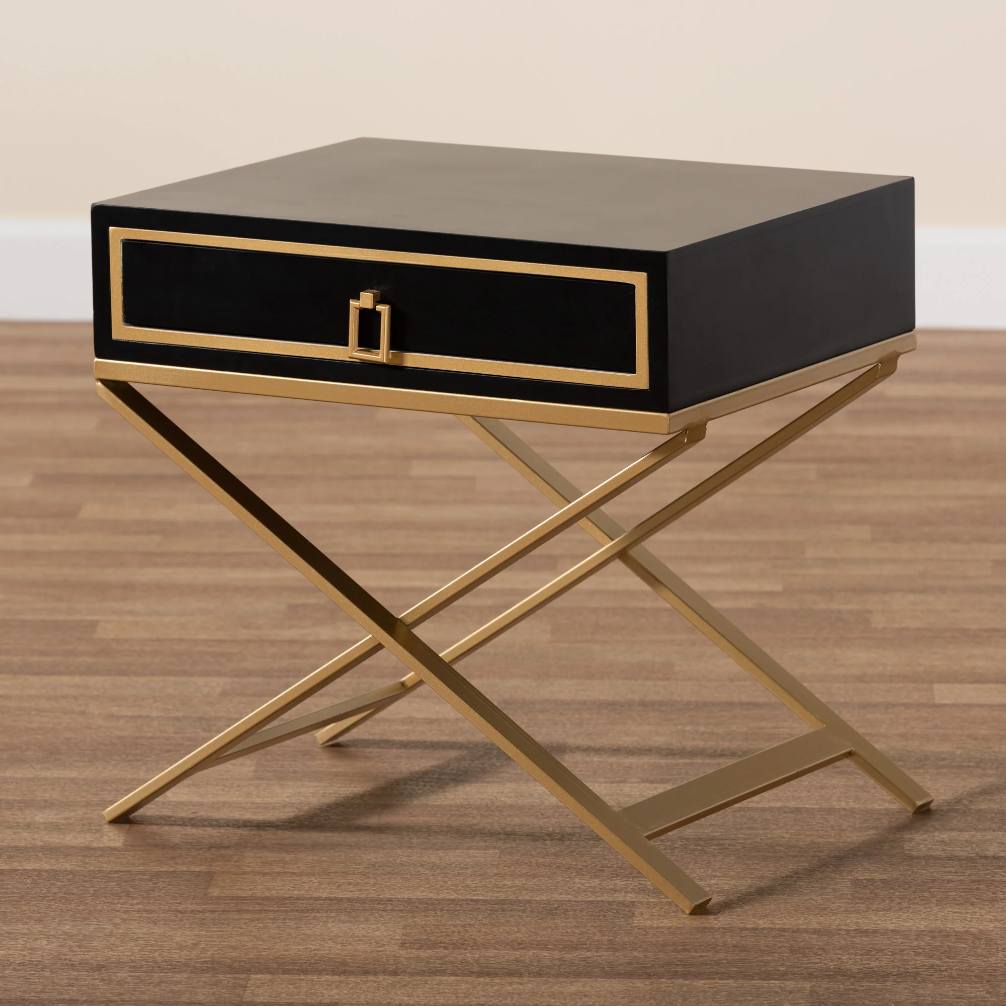 Baxton Studio Lilibet Modern Glam and Luxe Black Finished Wood and Gold Metal 1-Drawer End Table - Image 9