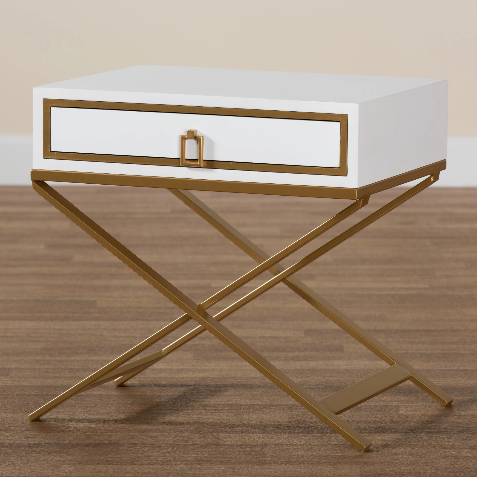 Baxton Studio Lilibet Modern Glam and Luxe White Finished Wood and Gold Metal 1-Drawer End Table - Image 9