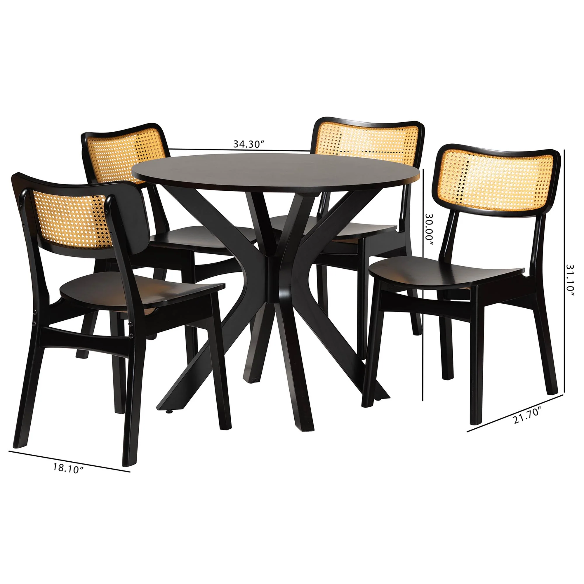 Baxton Studio Linnet Mid-Century Modern Dark Brown Finished Wood and Rattan 5-Piece Dining Set - Image 10