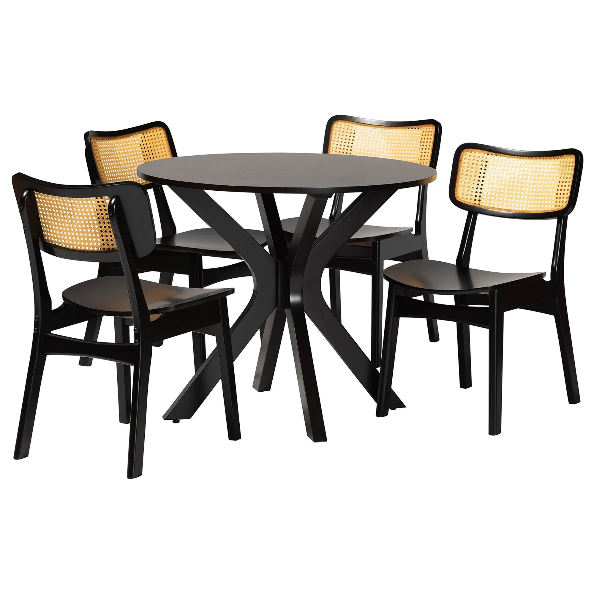 Baxton Studio Linnet Mid-Century Modern Dark Brown Finished Wood and Rattan 5-Piece Dining Set - Image 2