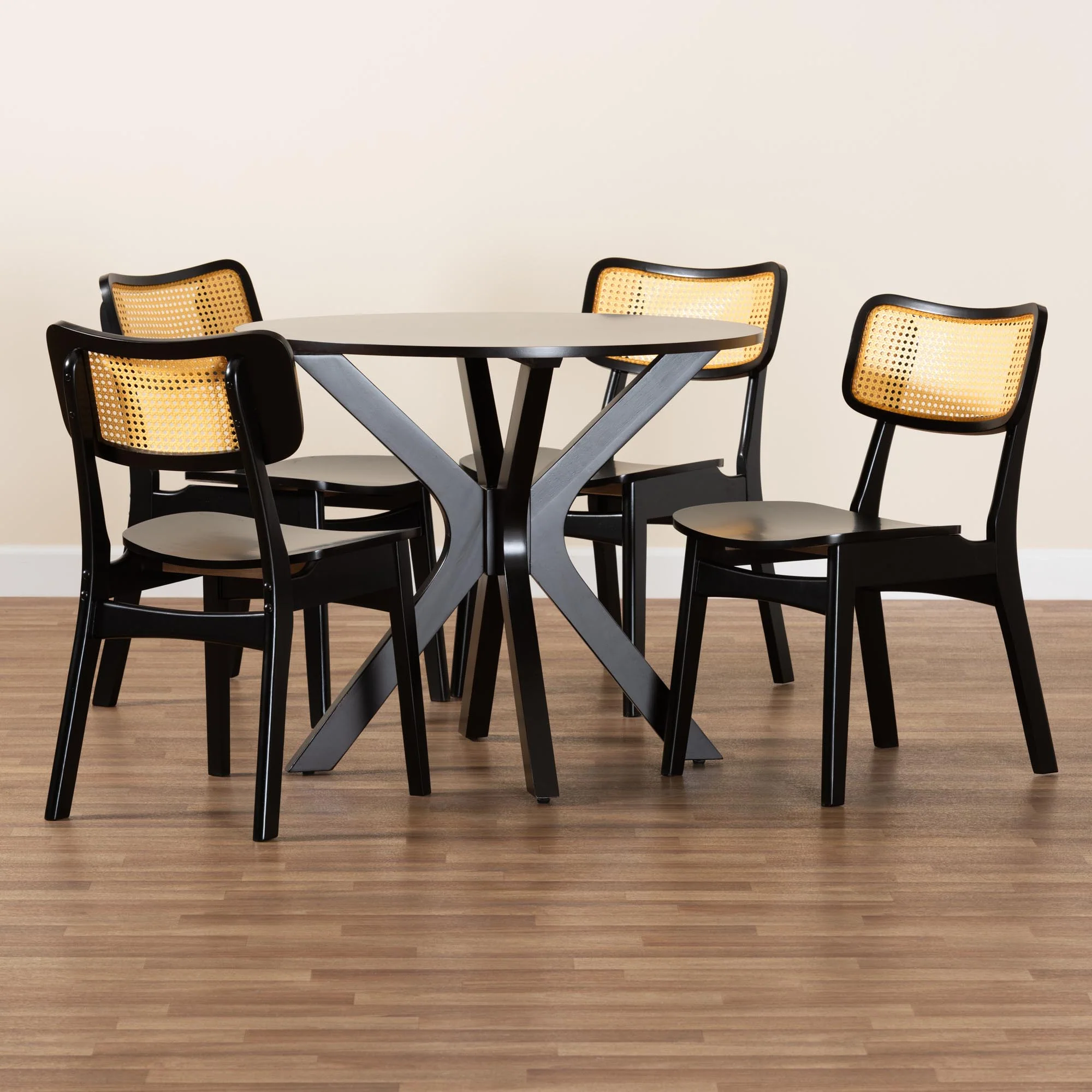 Baxton Studio Linnet Mid-Century Modern Dark Brown Finished Wood and Rattan 5-Piece Dining Set - Image 9
