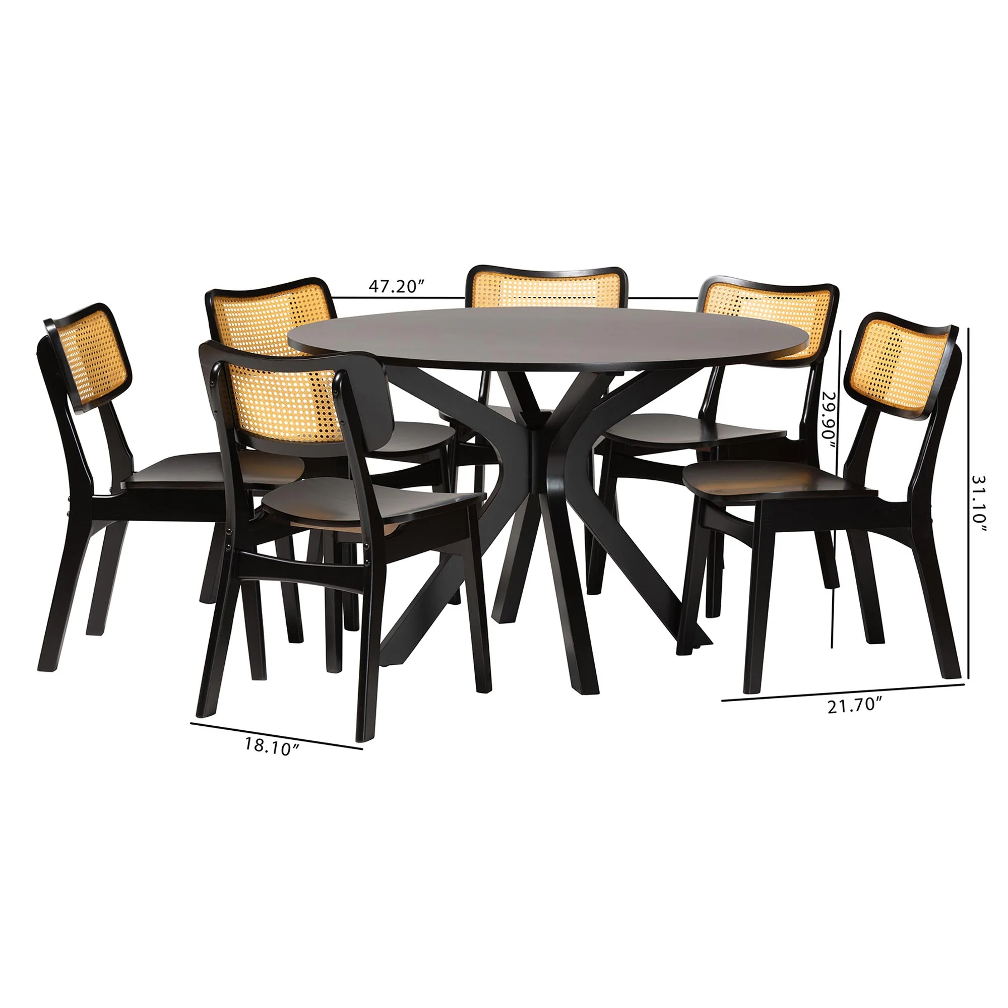 Baxton Studio Linnet Mid-Century Modern Dark Brown Finished Wood and Rattan 7-Piece Dining Set - Image 10
