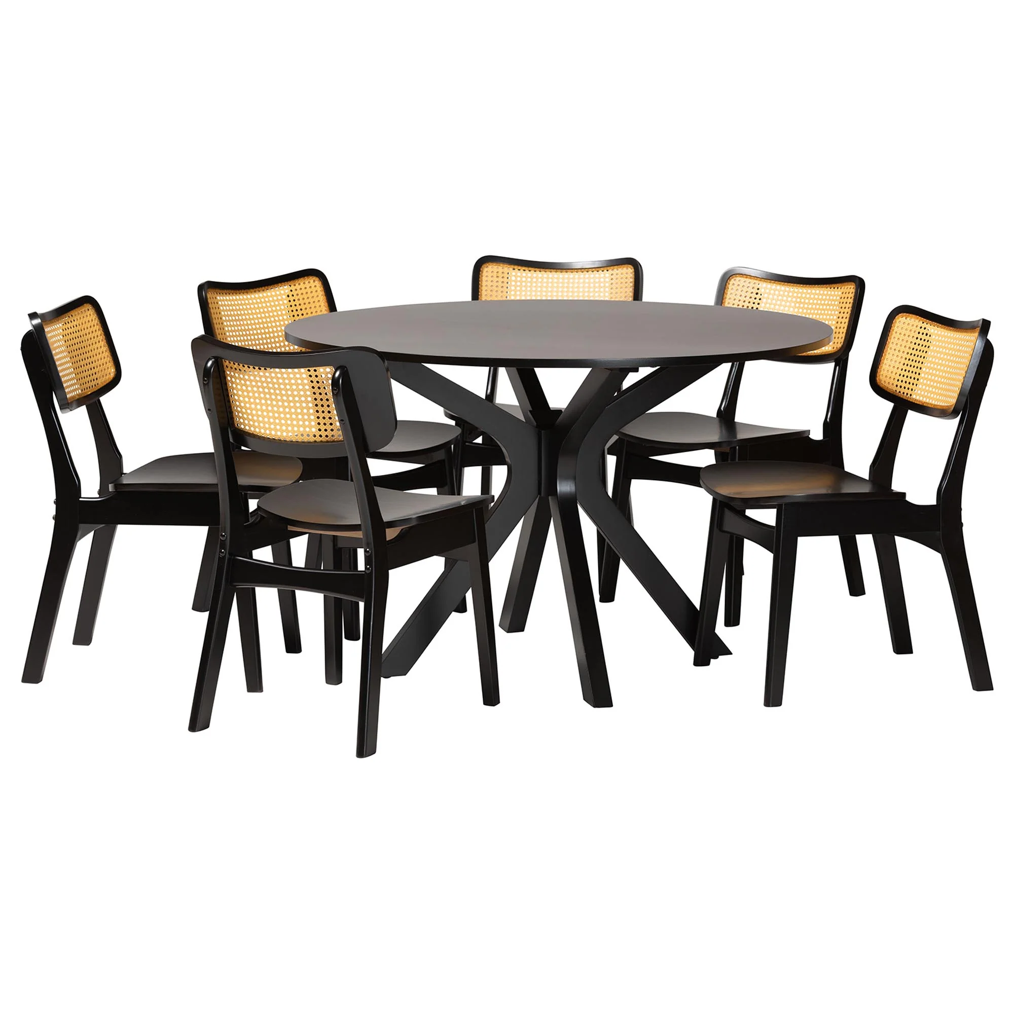 Baxton Studio Linnet Mid-Century Modern Dark Brown Finished Wood and Rattan 7-Piece Dining Set - Image 2