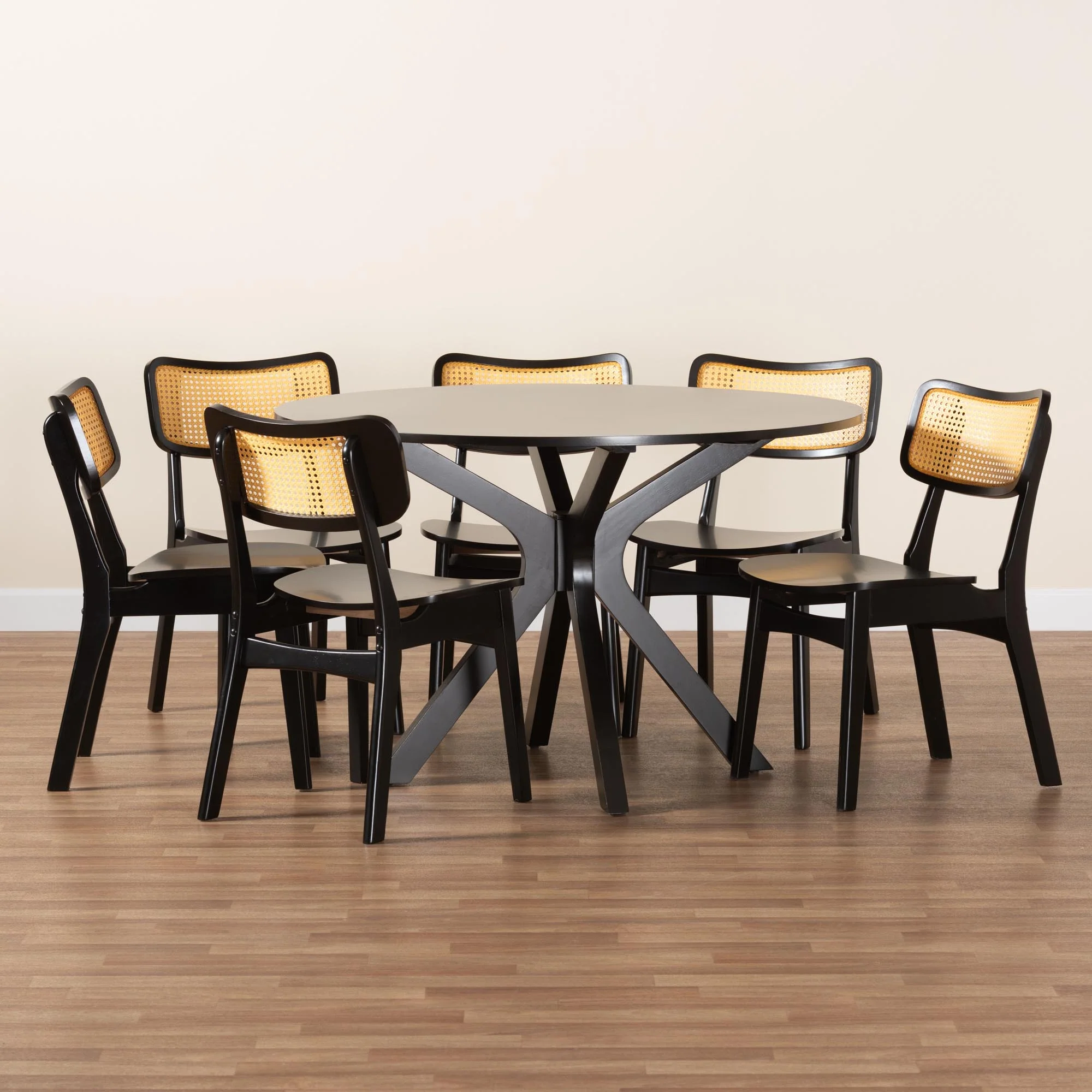 Baxton Studio Linnet Mid-Century Modern Dark Brown Finished Wood and Rattan 7-Piece Dining Set - Image 9