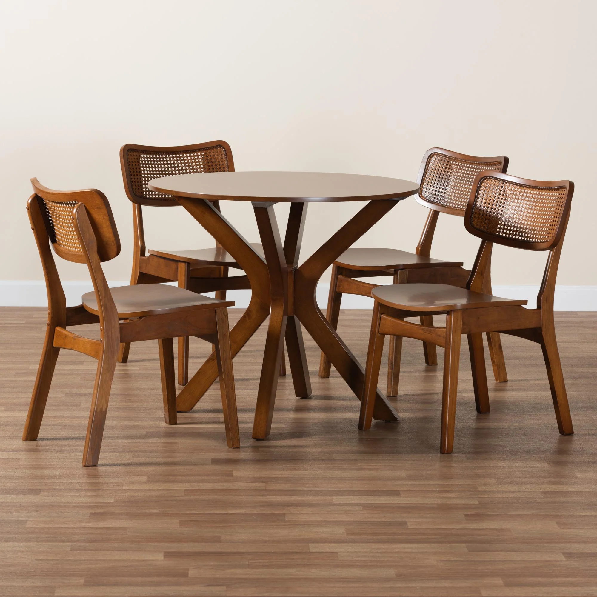 Baxton Studio Linnet Mid-Century Modern Walnut Brown Finished Wood and Rattan 5-Piece Dining Set - Image 2