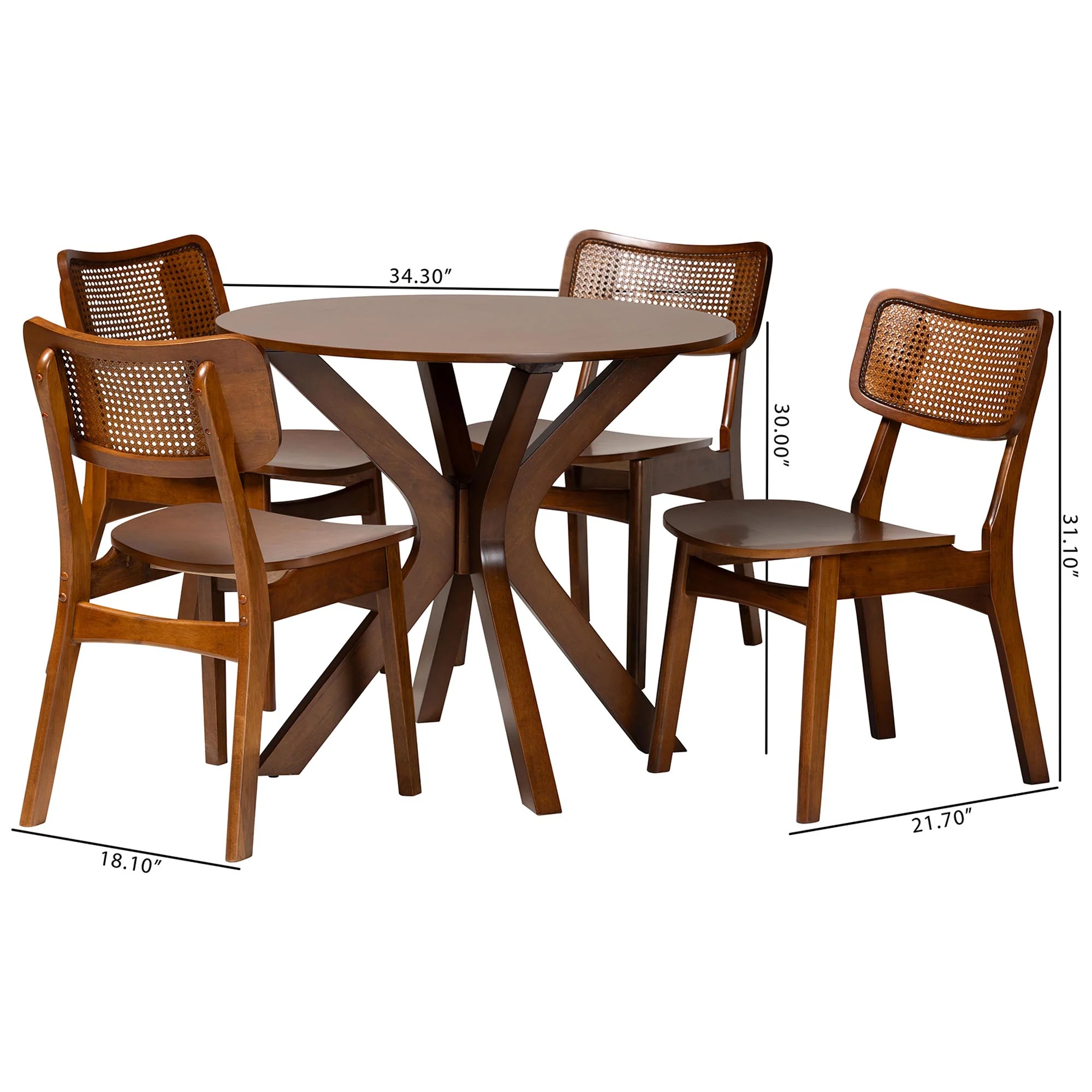Baxton Studio Linnet Mid-Century Modern Walnut Brown Finished Wood and Rattan 5-Piece Dining Set - Image 3