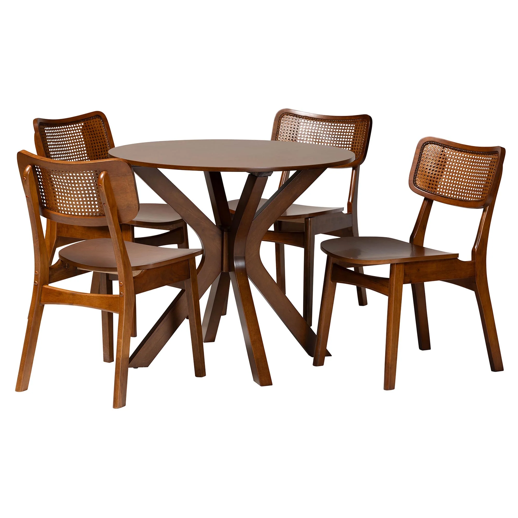 Baxton Studio Linnet Mid-Century Modern Walnut Brown Finished Wood and Rattan 5-Piece Dining Set - Image 4