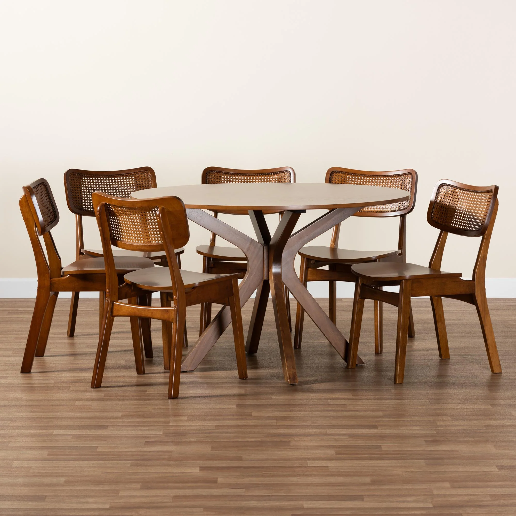 Baxton Studio Linnet Mid-Century Modern Walnut Brown Finished Wood and Rattan 7-Piece Dining Set - Image 2