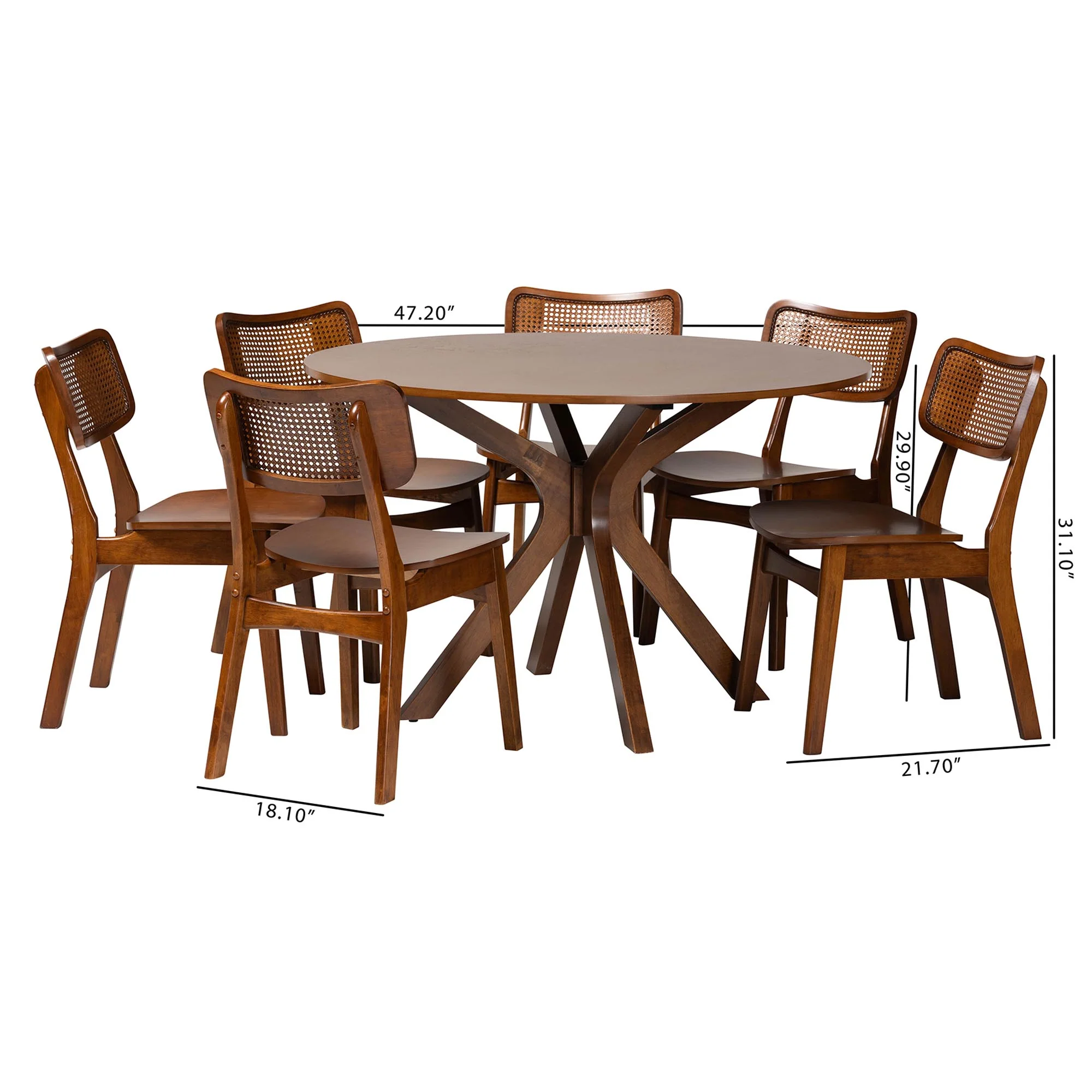 Baxton Studio Linnet Mid-Century Modern Walnut Brown Finished Wood and Rattan 7-Piece Dining Set - Image 3