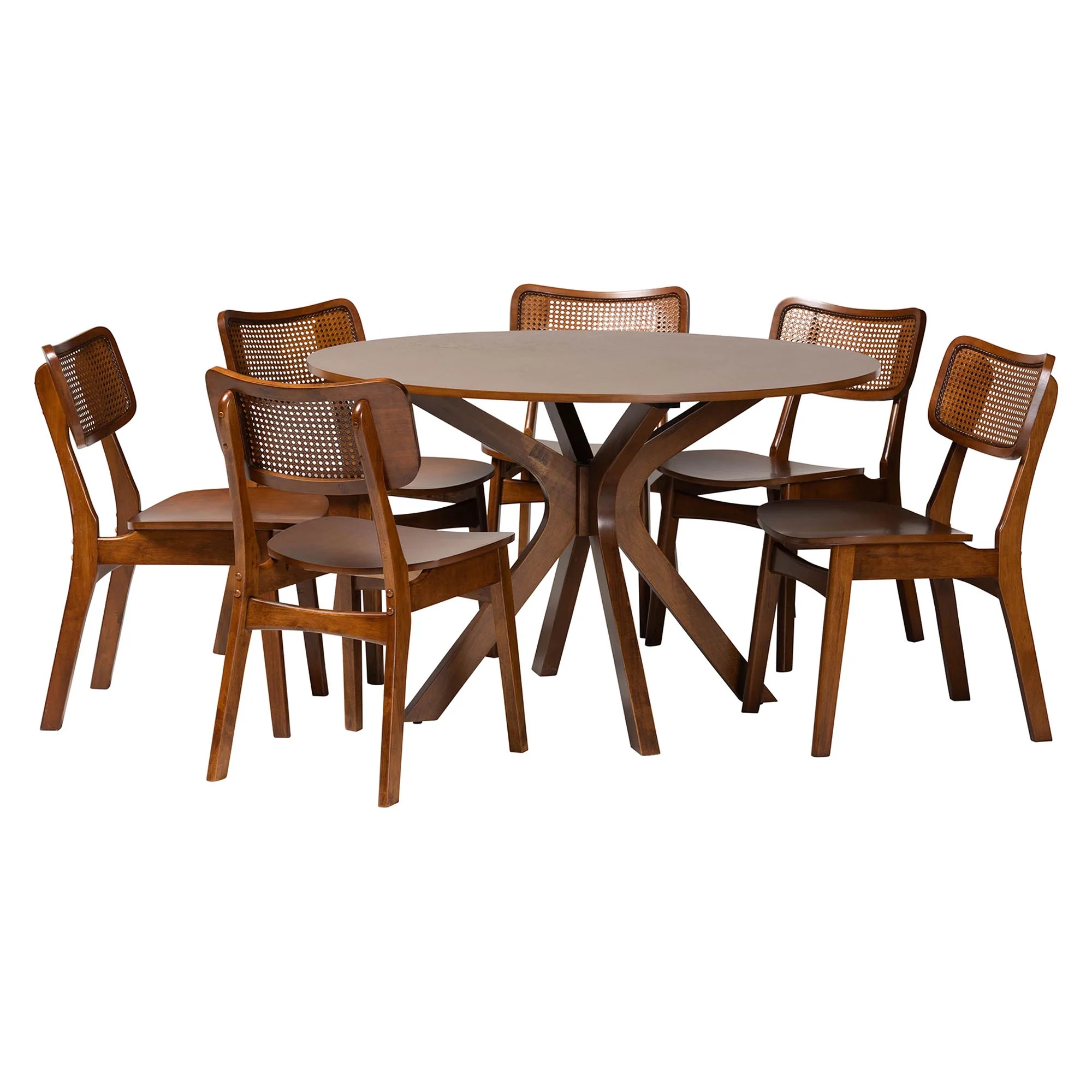 Baxton Studio Linnet Mid-Century Modern Walnut Brown Finished Wood and Rattan 7-Piece Dining Set - Image 4