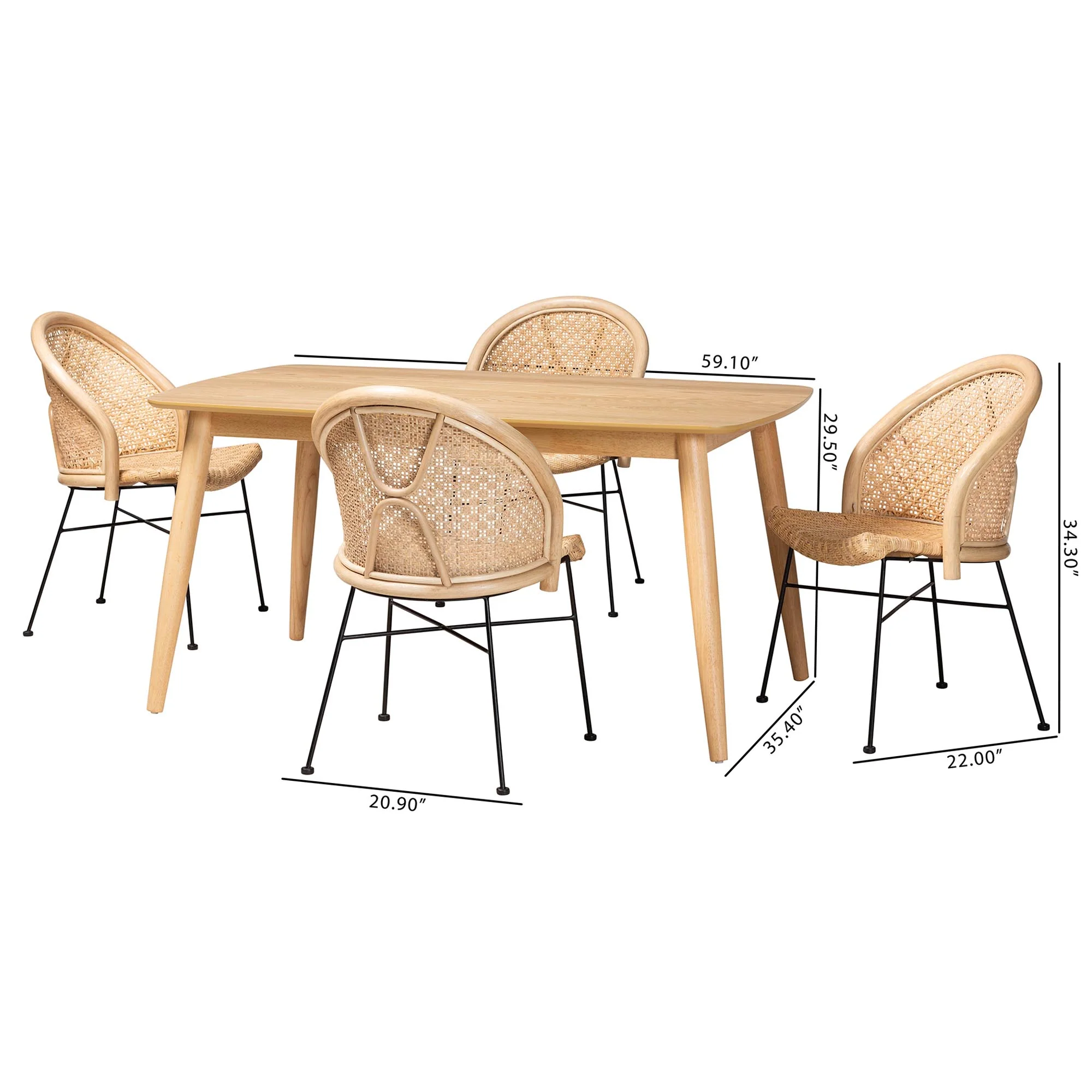 Baxton Studio Lisa Modern Bohemian Natural Brown Rattan and Black Metal 5-Piece Dining Set - Image 10