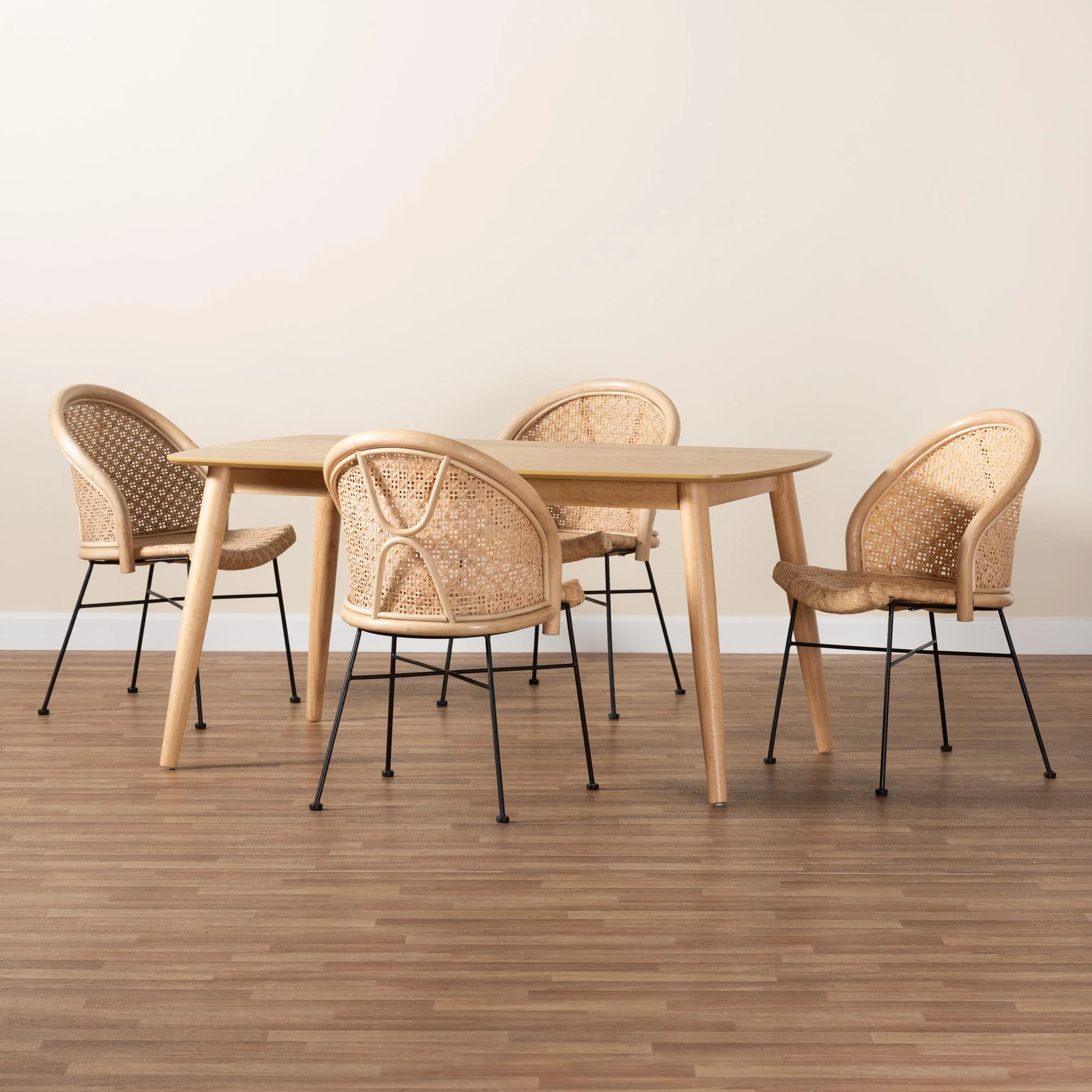 Baxton Studio Lisa Modern Bohemian Natural Brown Rattan and Black Metal 5-Piece Dining Set - Image 9