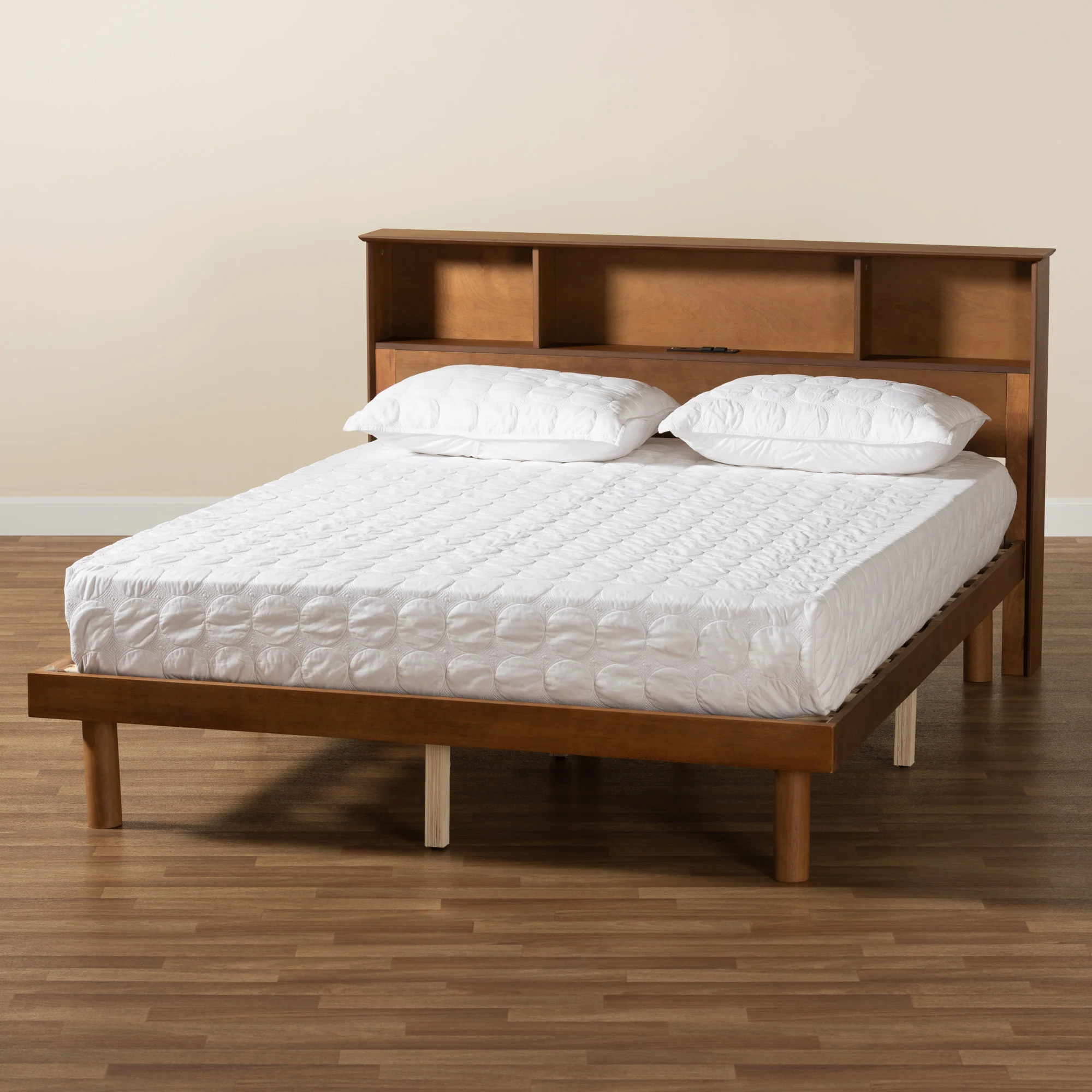 Baxton Studio Lochlan Mid-Century Modern Transitional Walnut Brown Finished Wood Full Size Platform Bed with Charging Station - Image 9