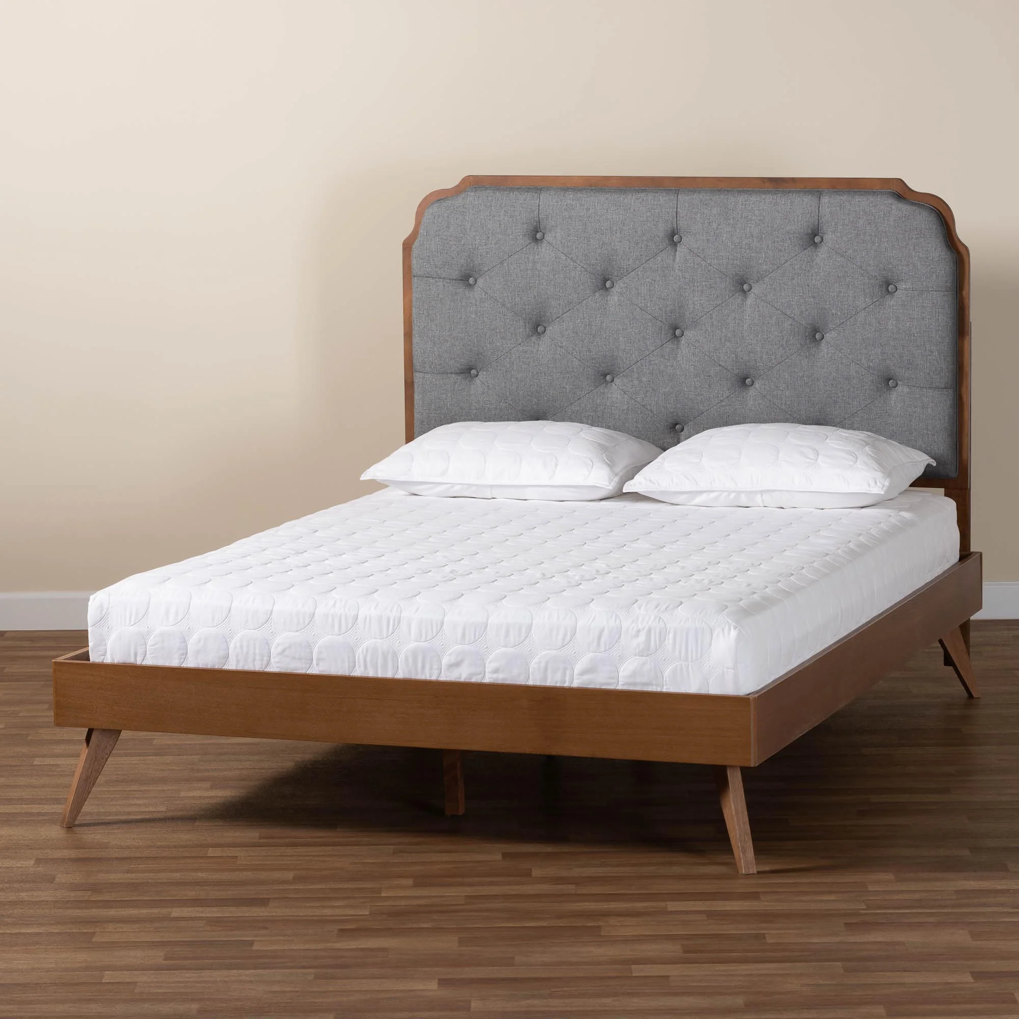 Baxton Studio Lorana Mid-Century Modern Grey Fabric and Walnut Brown Wood King Size Platform Bed - Image 2
