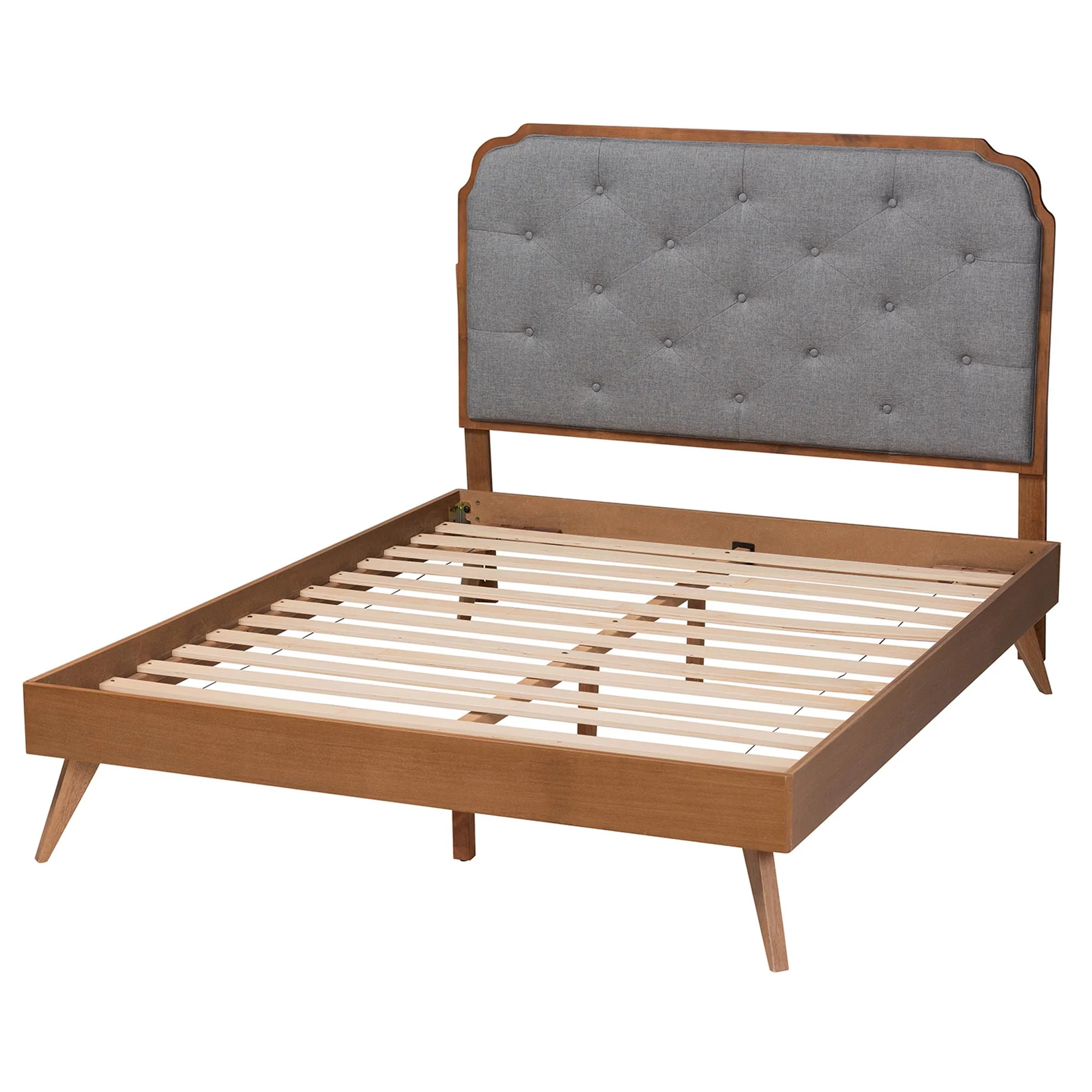Baxton Studio Lorana Mid-Century Modern Grey Fabric and Walnut Brown Wood King Size Platform Bed - Image 8