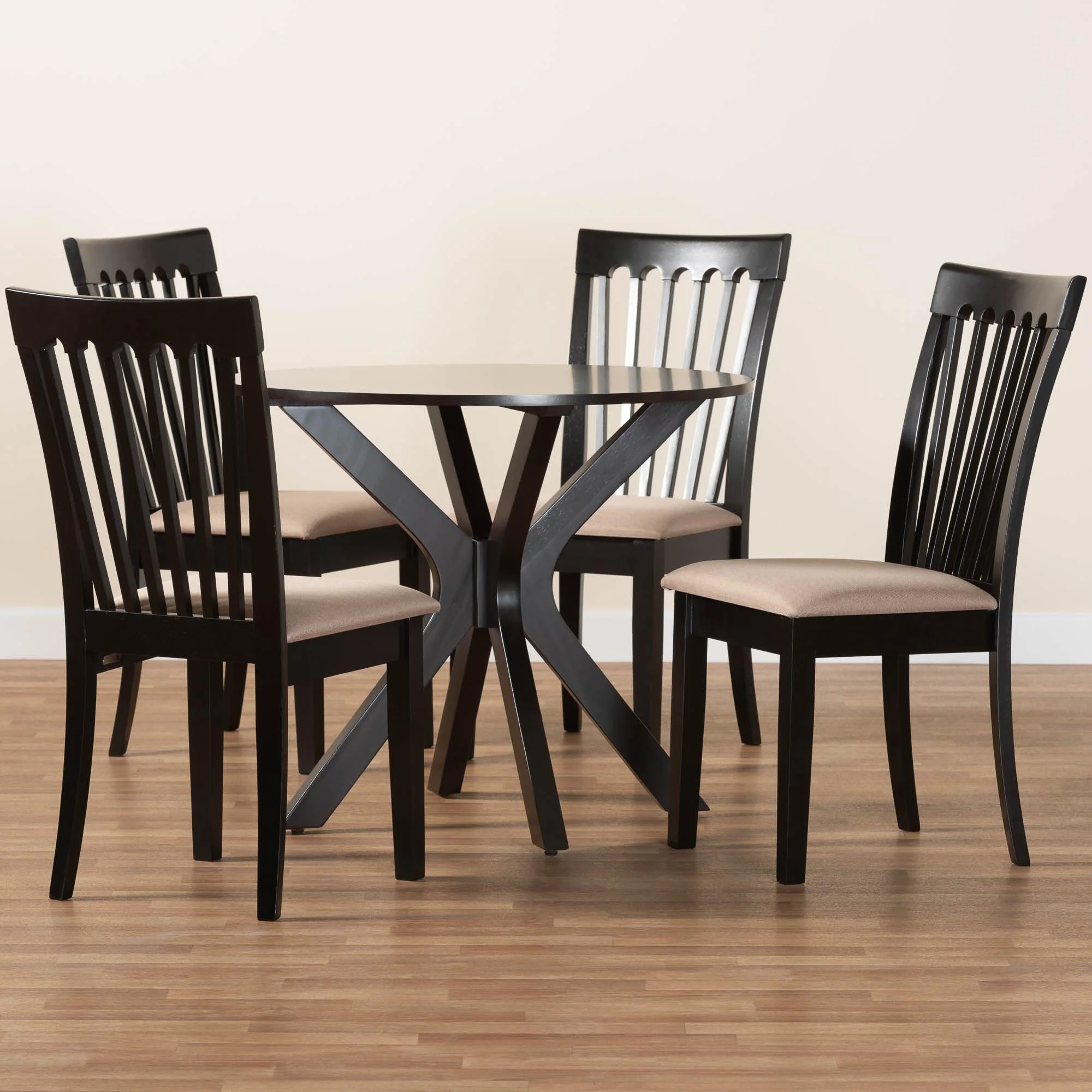 Baxton Studio Lore Modern Sand Fabric and Dark Brown Finished Wood 5-Piece Dining Set - Image 9