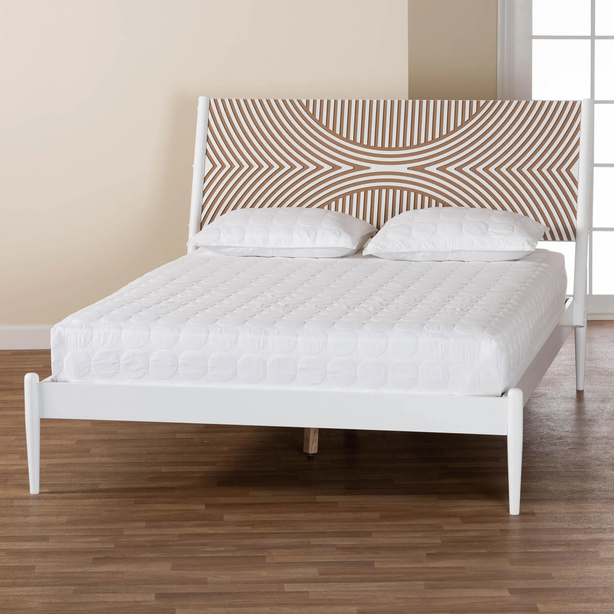 Baxton Studio Louetta Coastal White King Size Platform Bed with Carved Contrasting Headboard - Image 2