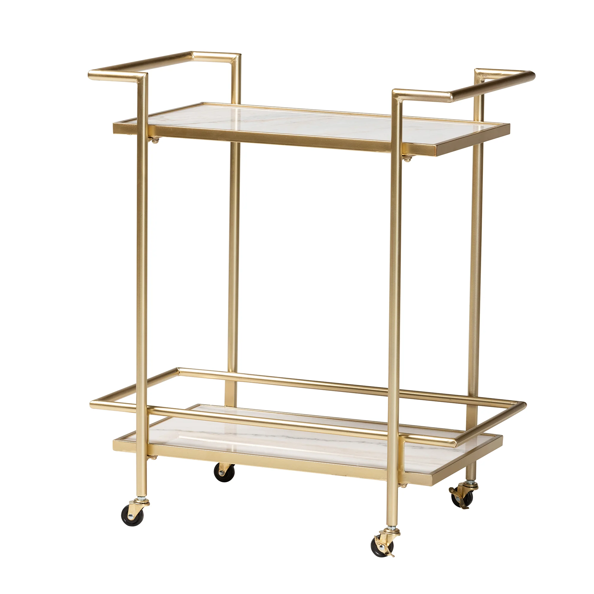 Baxton Studio Louise Contemporary Glam and Luxe Gold Metal and White Marble 2-Tier Wine Cart - Image 2
